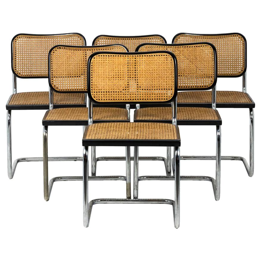 Marcel Breuer, Series of Six Chairs B32 in Black Lacquered Wood, 1970’s