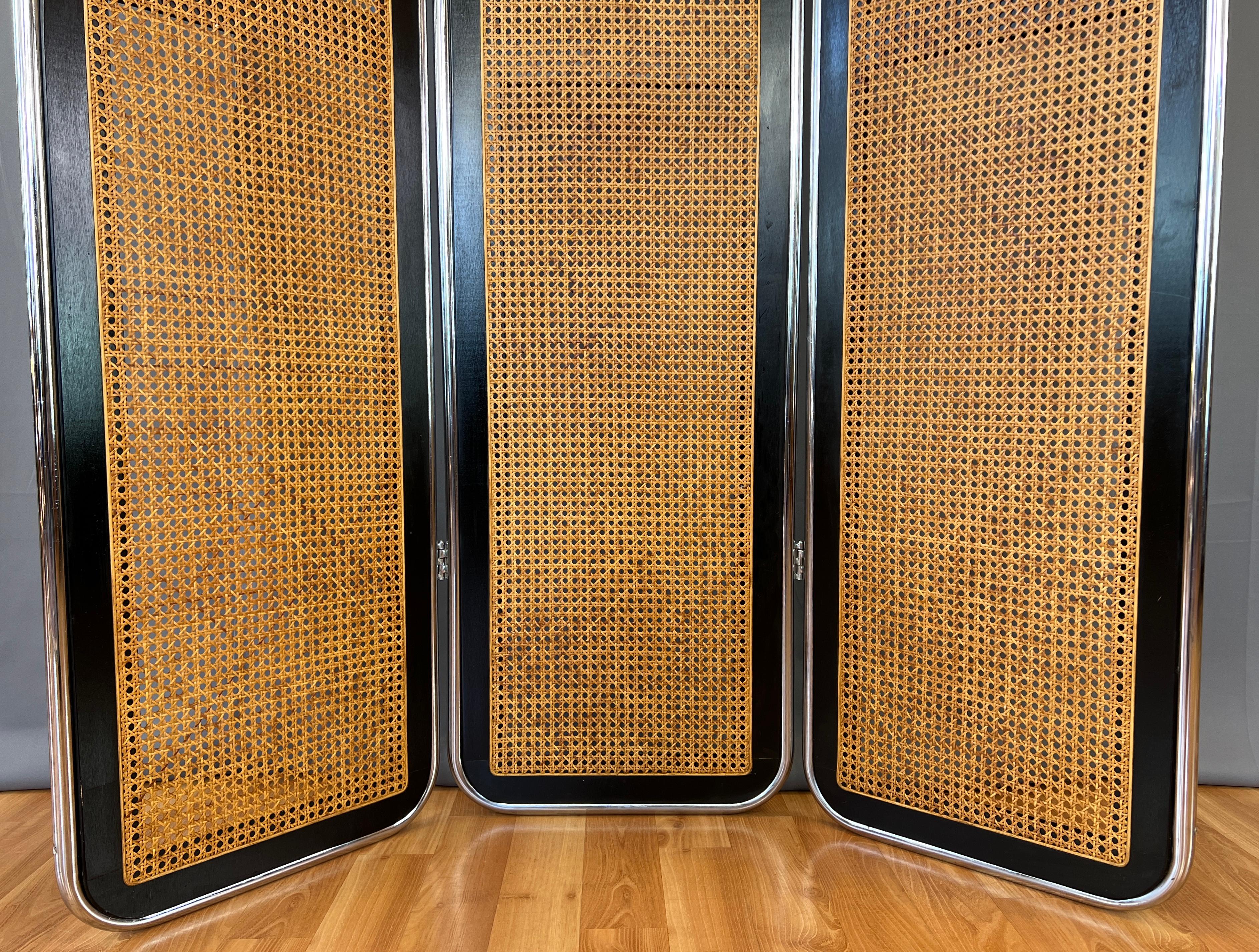 Chrome Marcel Breuer Style 3 Panel Rattan Room Divider/Screen