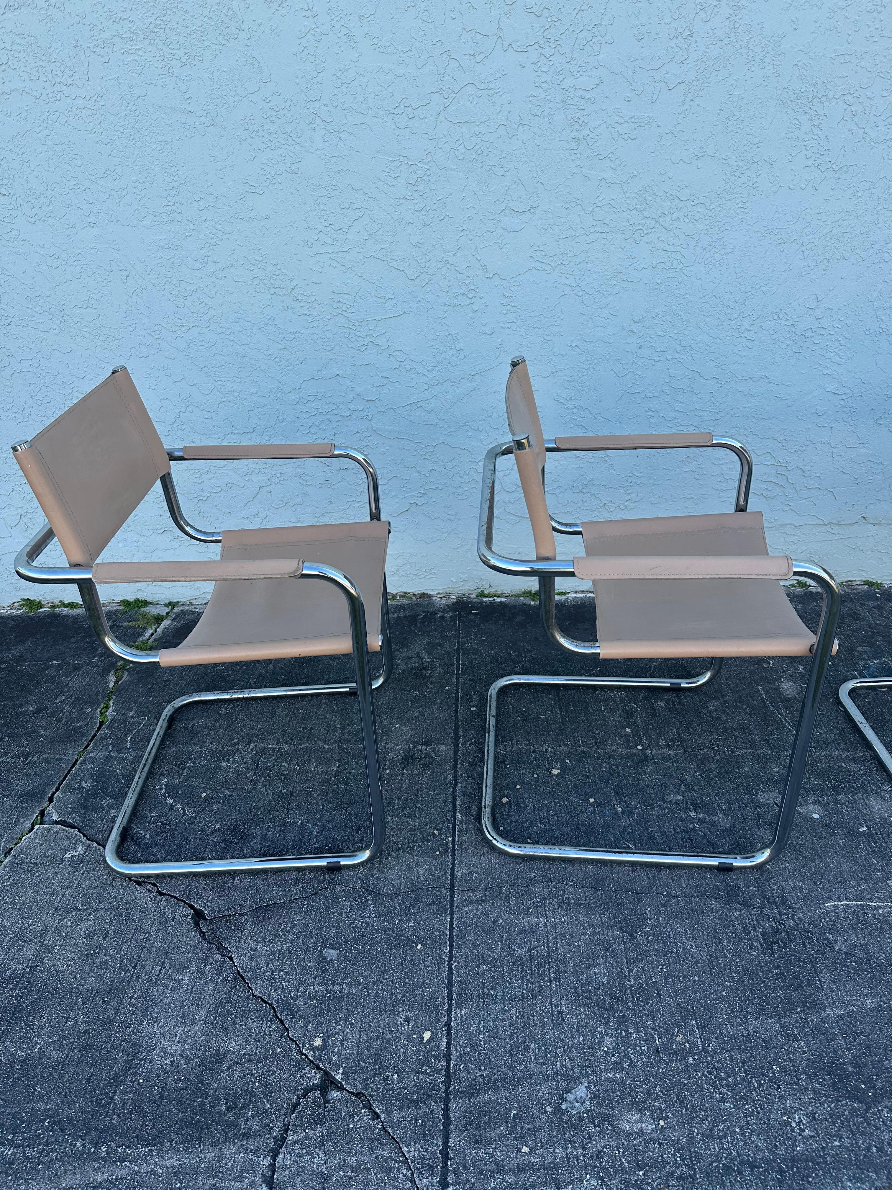 Marcel Breuer Style Beige Leather Tubular Chrome Chairs, Set of 6 en venta 3