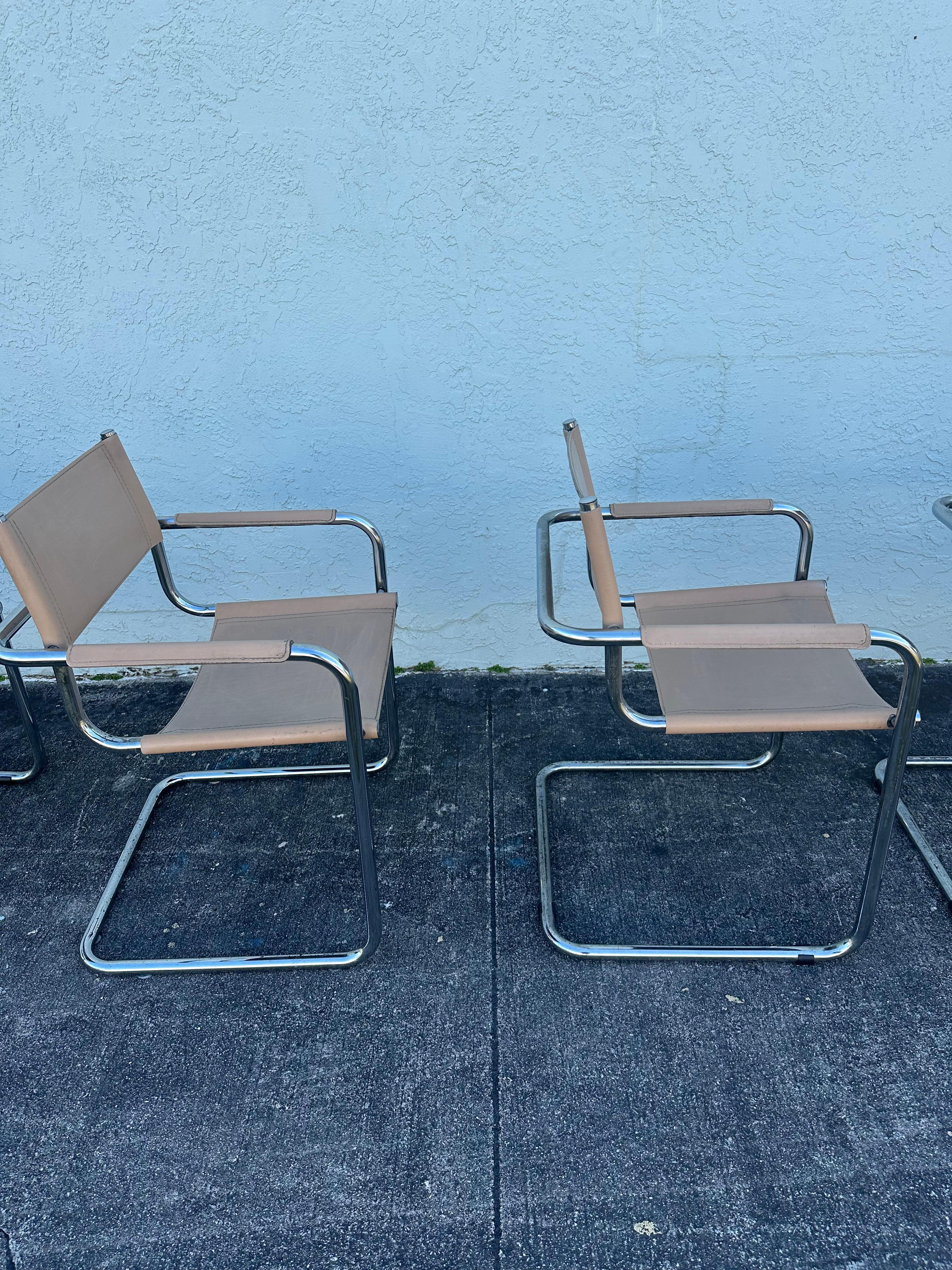 Marcel Breuer Style Beige Leather Tubular Chrome Chairs, Set of 6 en venta 4