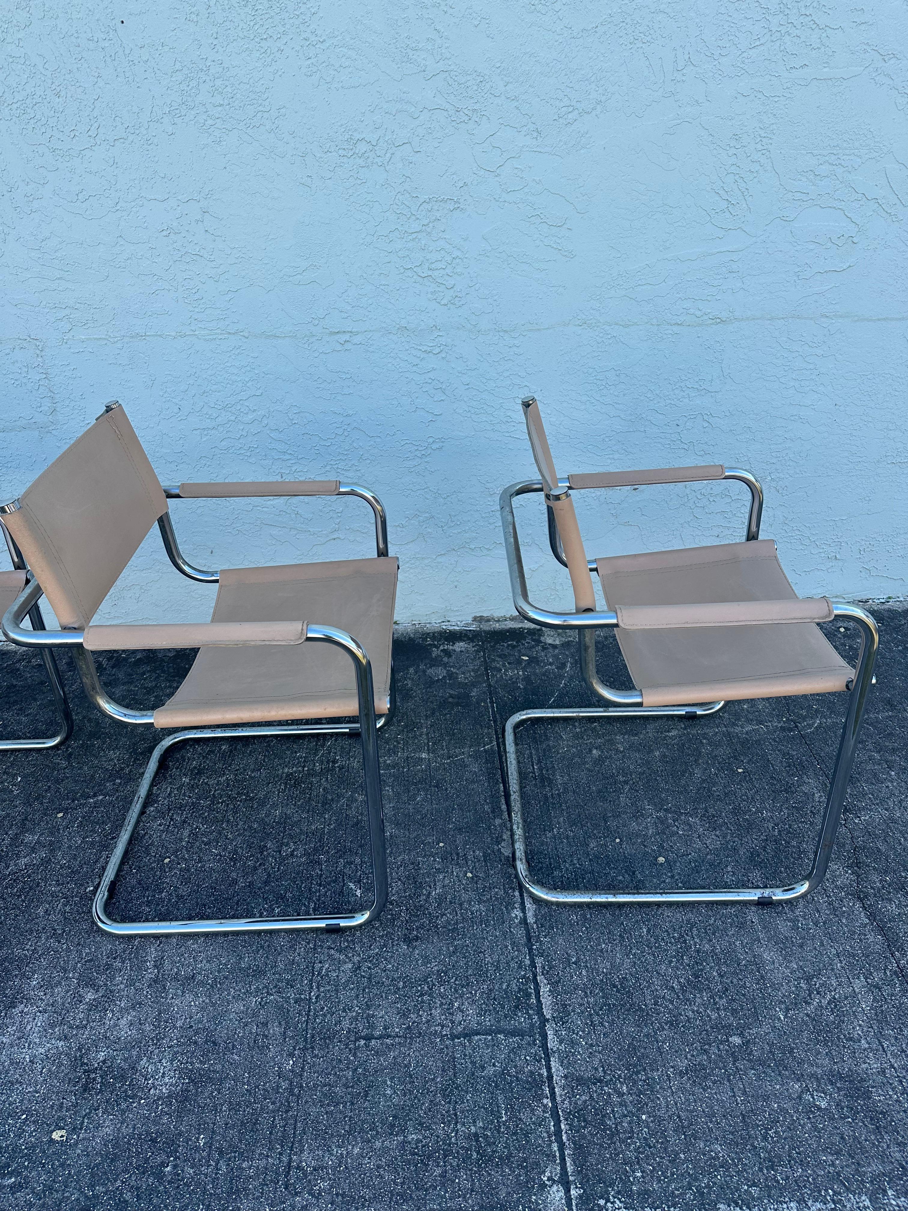 Marcel Breuer Style Beige Leather Tubular Chrome Chairs, Set of 6 en venta 5
