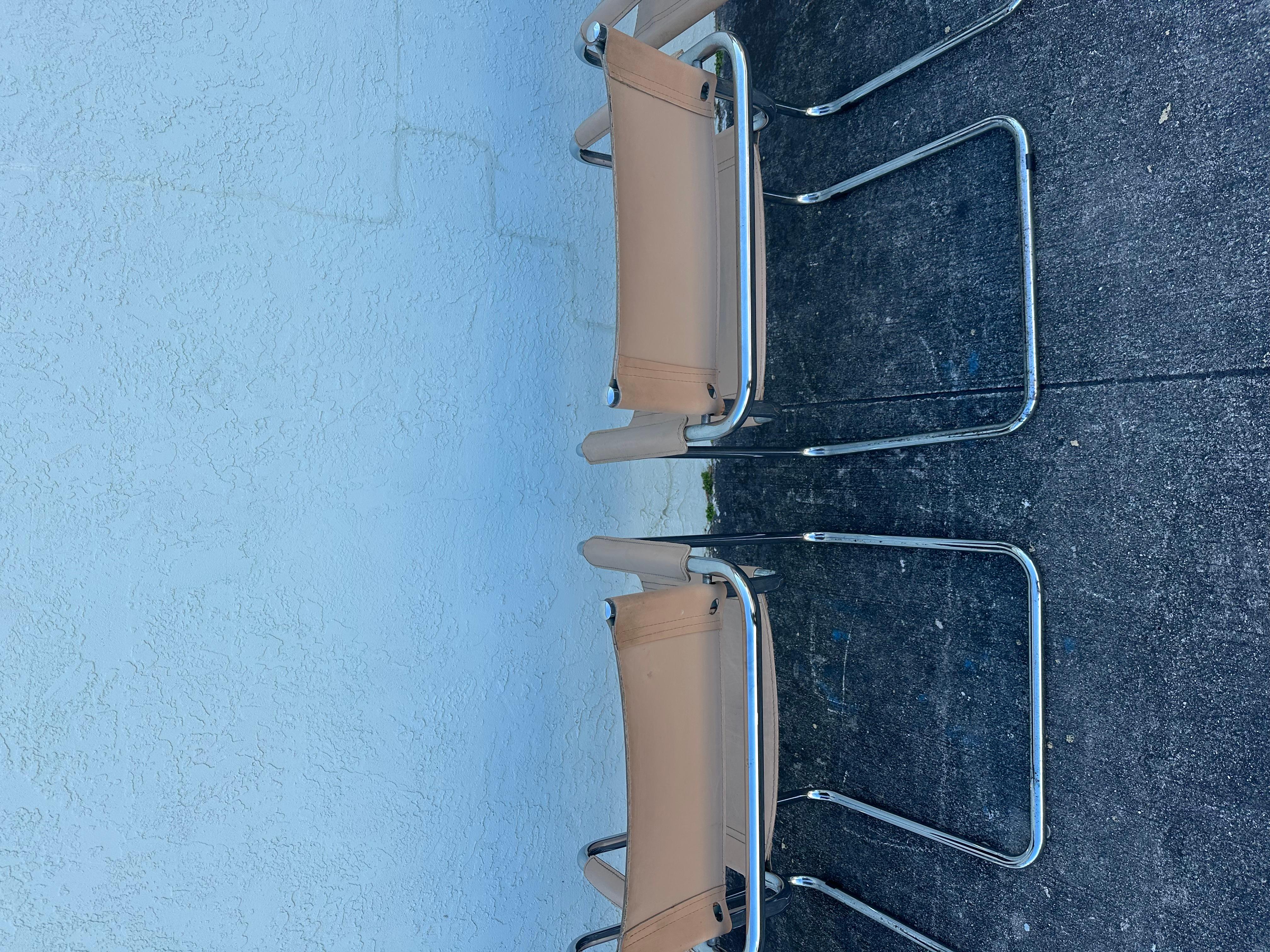 Marcel Breuer Style Beige Leather Tubular Chrome Chairs, Set of 6 en venta 7