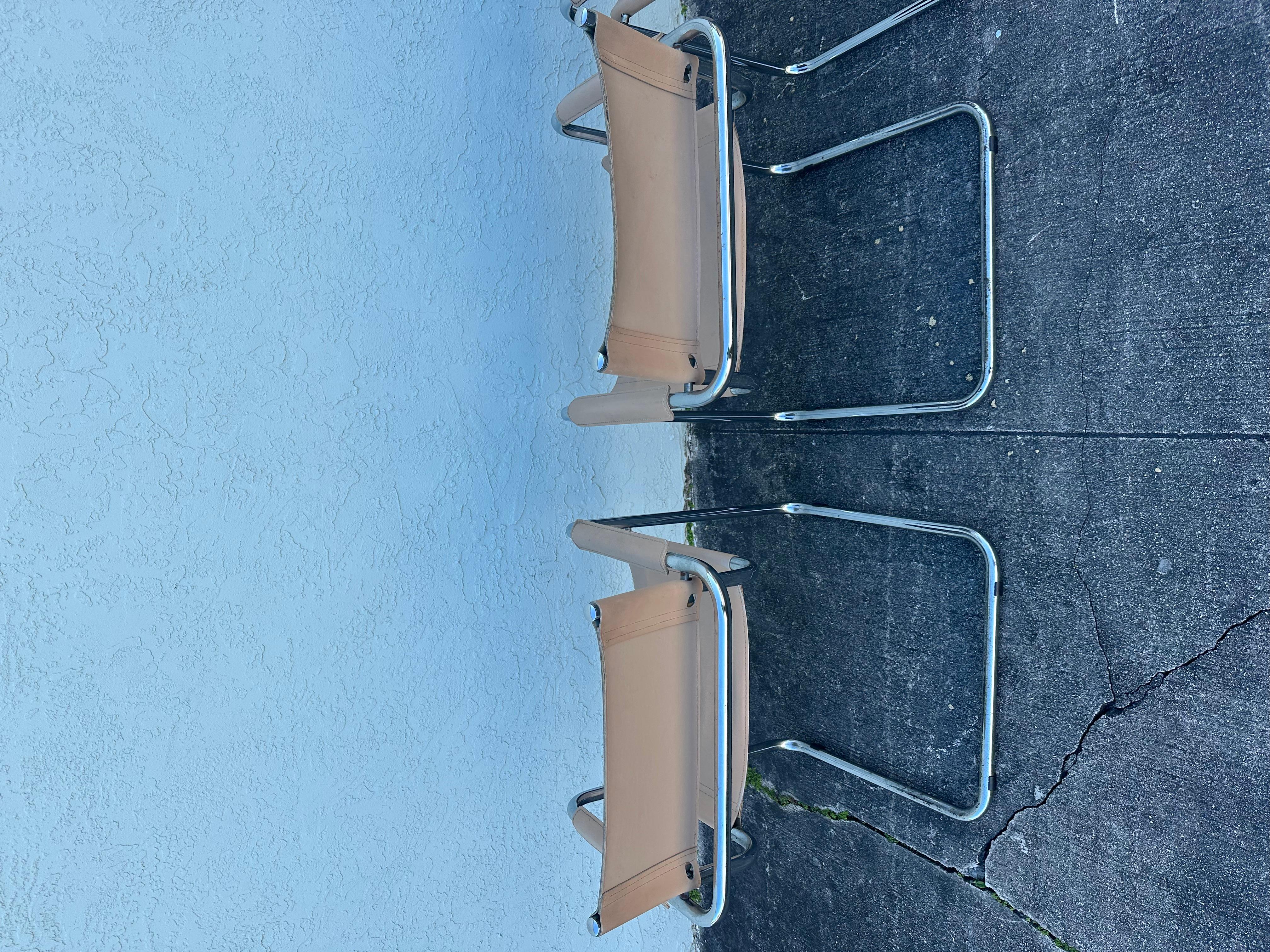 Marcel Breuer Style Beige Leather Tubular Chrome Chairs, Set of 6 en venta 8