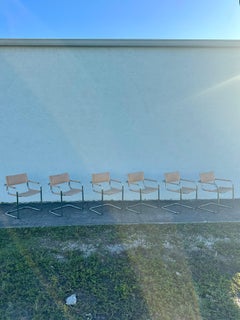 Marcel Breuer Style Beige Leather Tubular Chrome Chairs, Set of 6