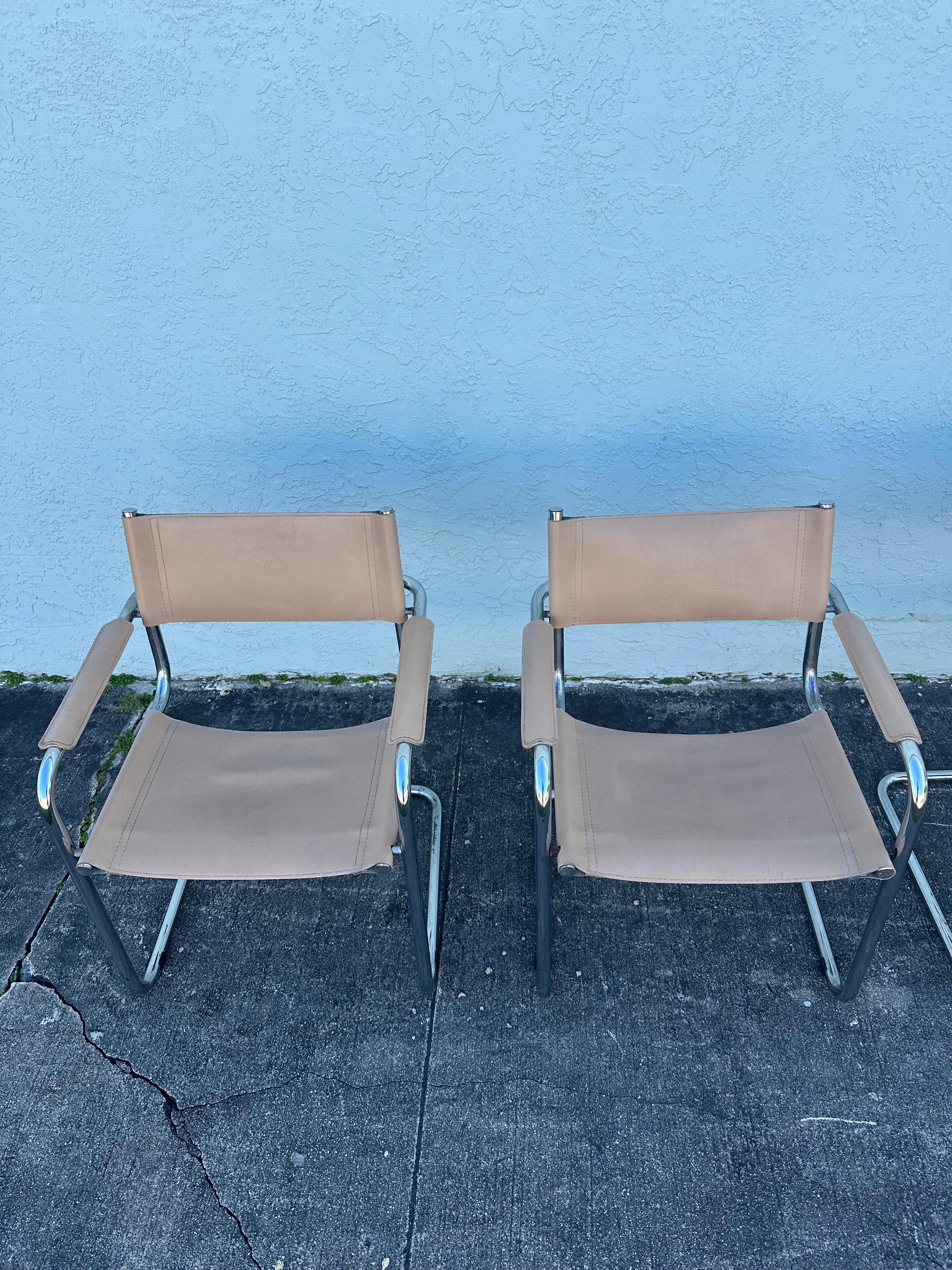 Marcel Breuer Style Beige Leather Tubular Chrome Chairs, Set of 6 Moderno de mediados de siglo en venta
