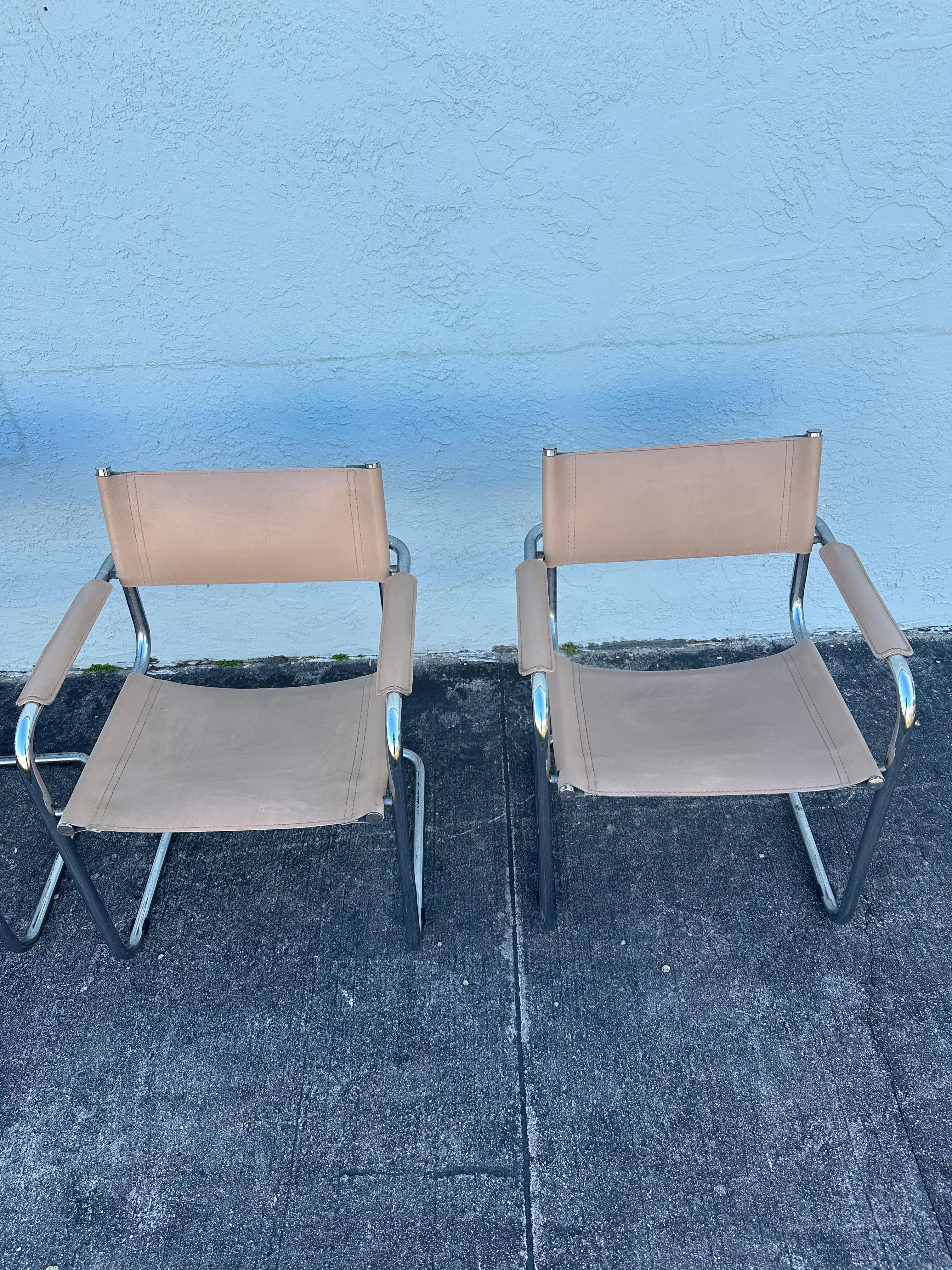Marcel Breuer Style Beige Leather Tubular Chrome Chairs, Set of 6 Europeo en venta