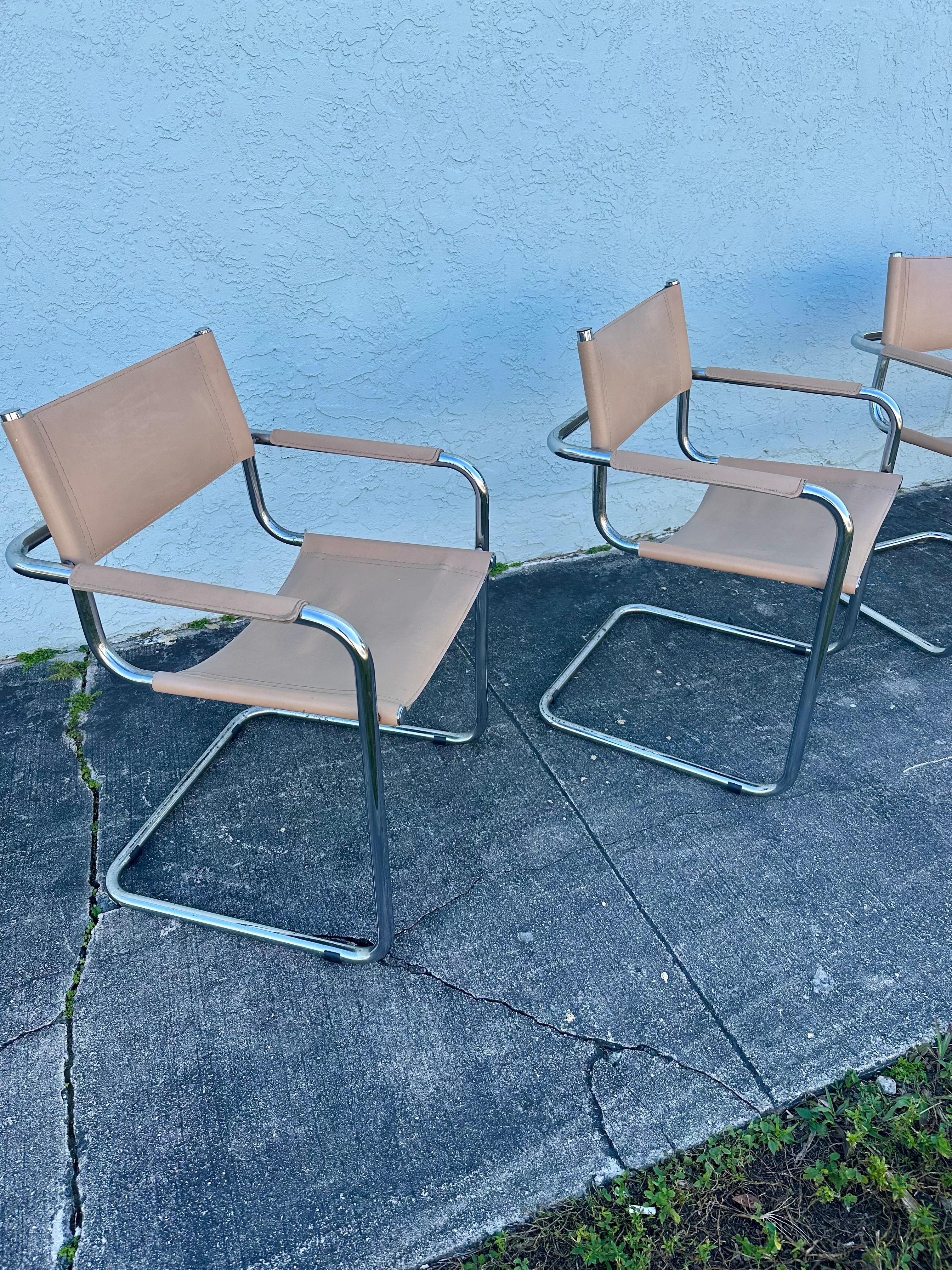 Marcel Breuer Style Beige Leather Tubular Chrome Chairs, Set of 6 en venta 1