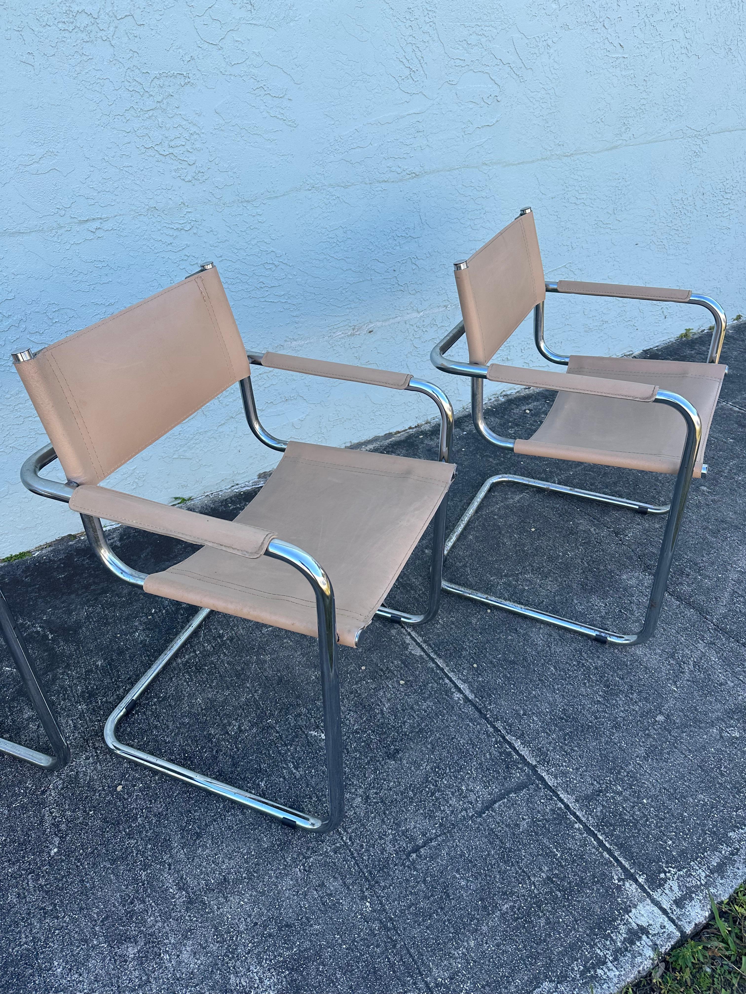 Marcel Breuer Style Beige Leather Tubular Chrome Chairs, Set of 6 en venta 2