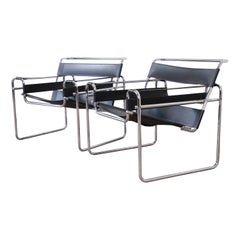 Marcel Breuer Style Black Leather and Chrome Wassily Chairs, Pair