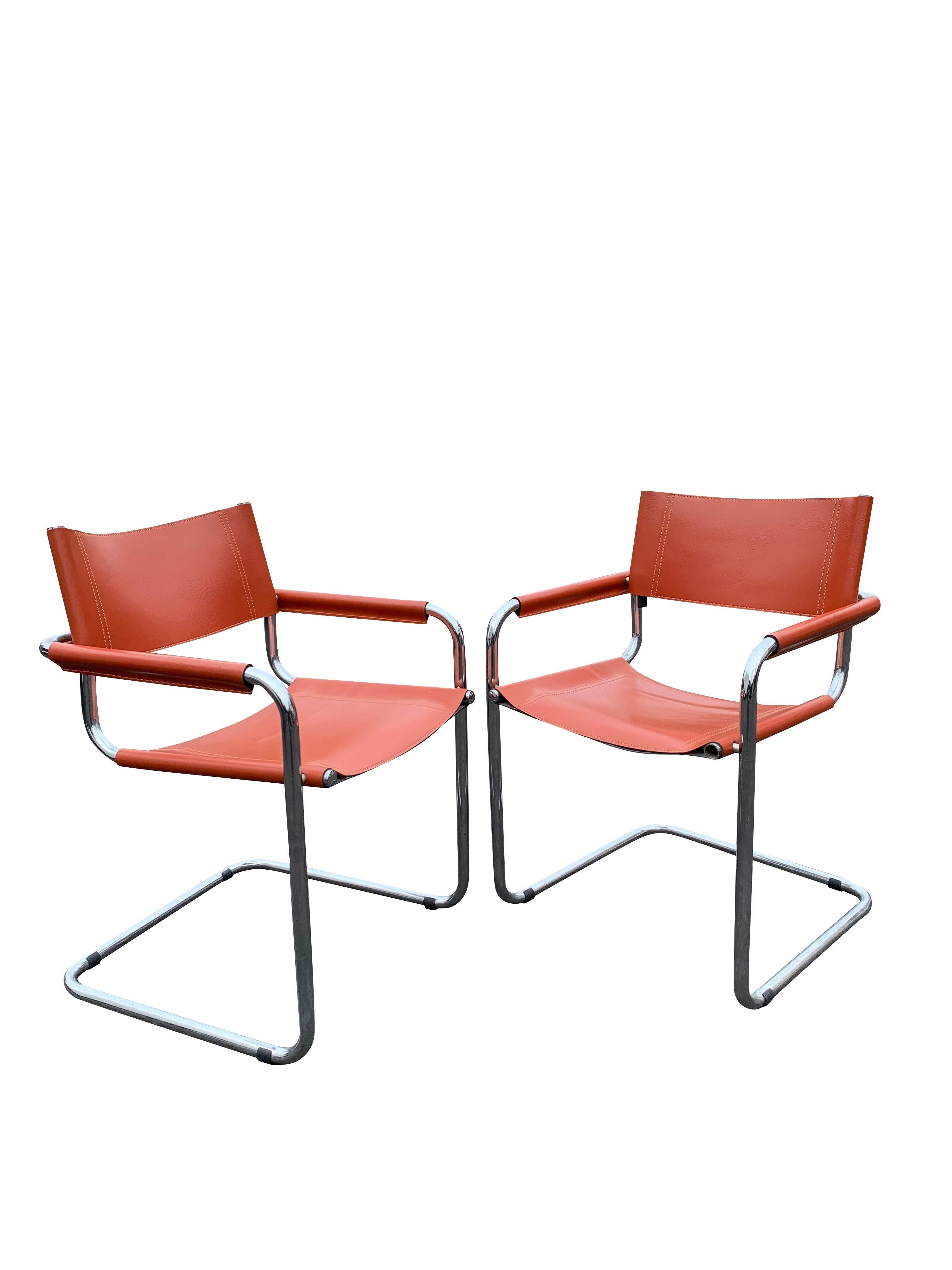 Marcel Breuer Style Leather Accent or Side Chairs in Leather and Chrome- a Pair For Sale 7