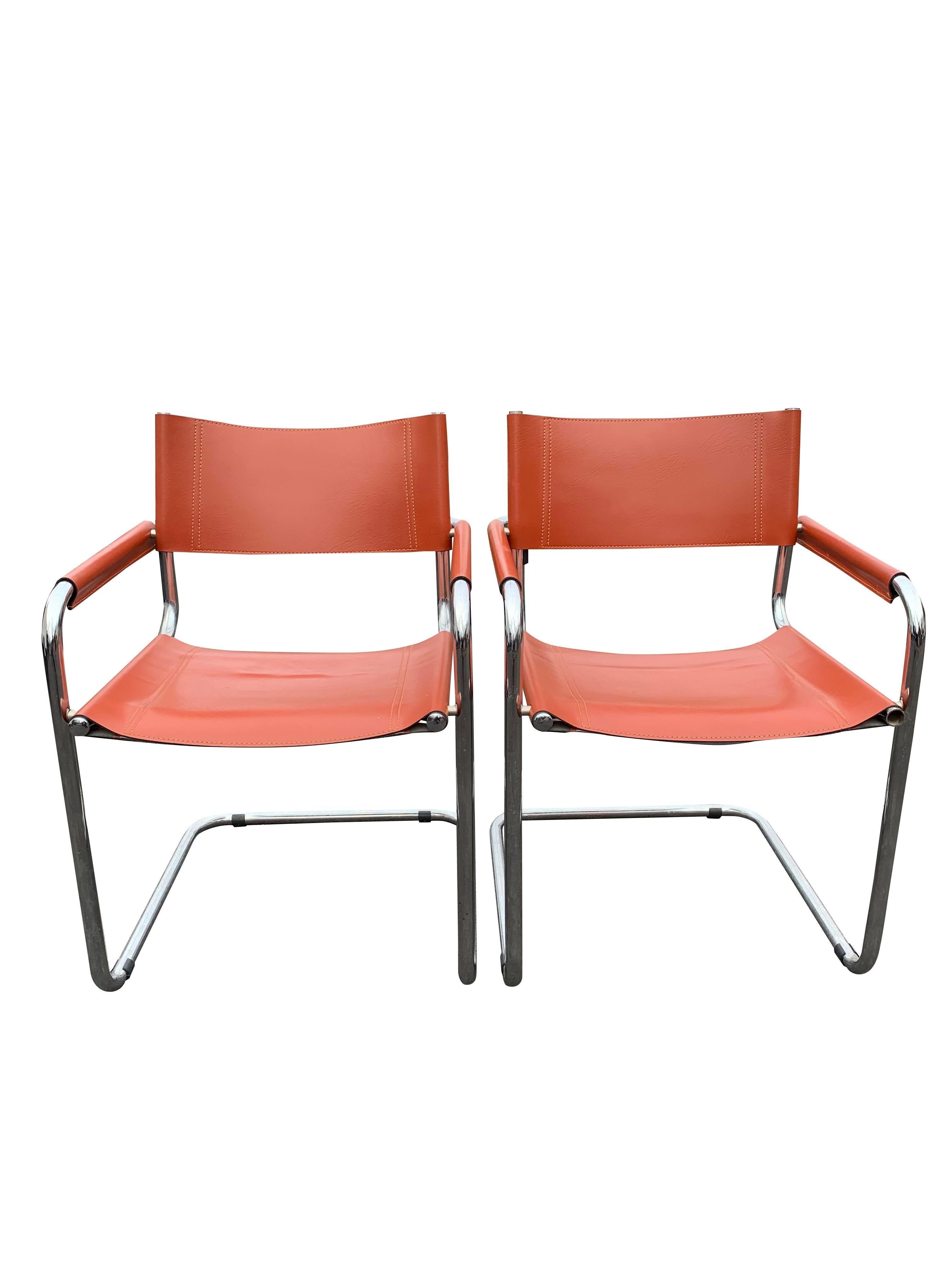 Late 20th Century Marcel Breuer Style Leather Accent or Side Chairs in Leather and Chrome- a Pair For Sale