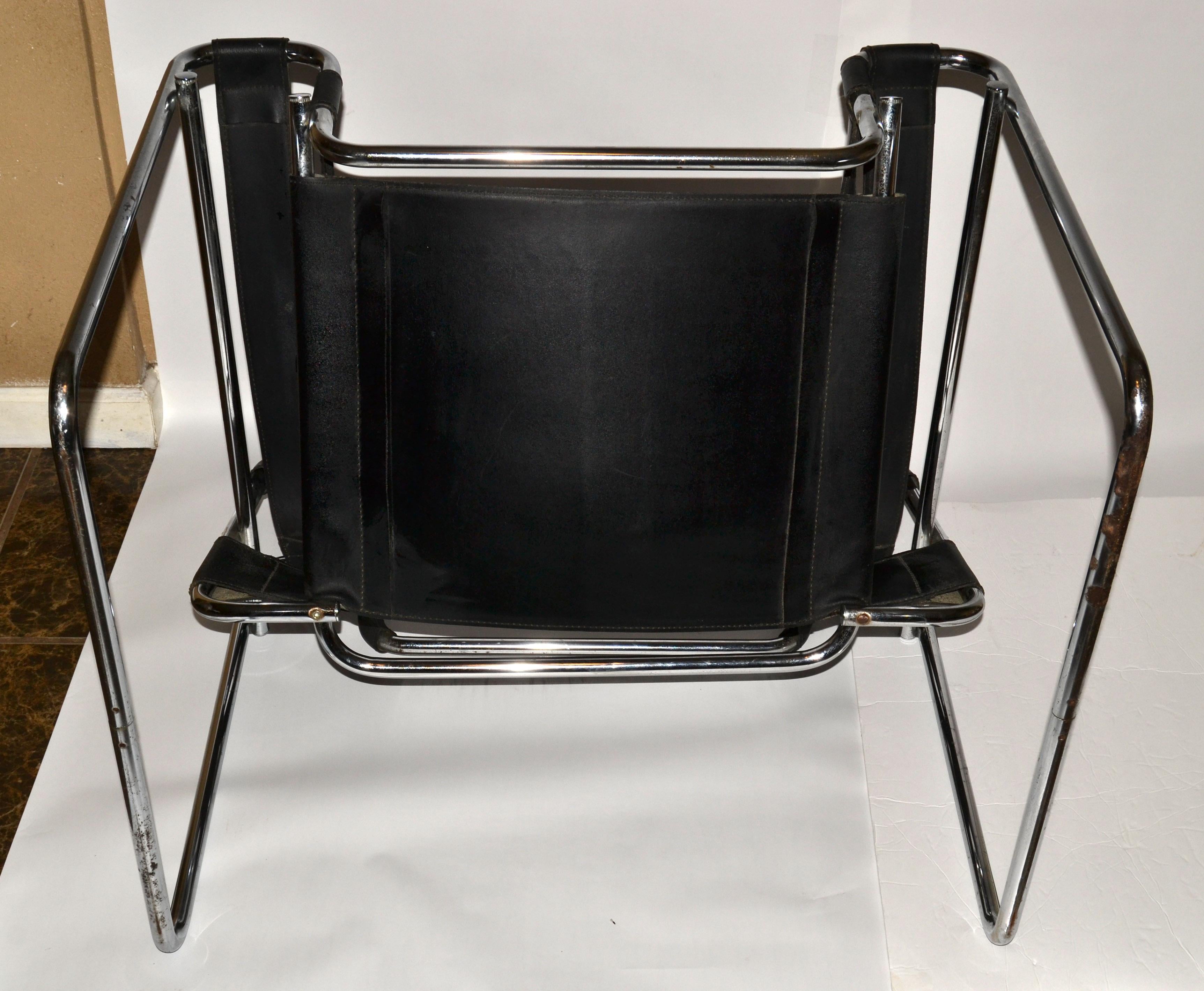 Marcel Breuer Style Wassily Black Leather Chrome Lounge Chair Gavina Italy 1970 For Sale 3