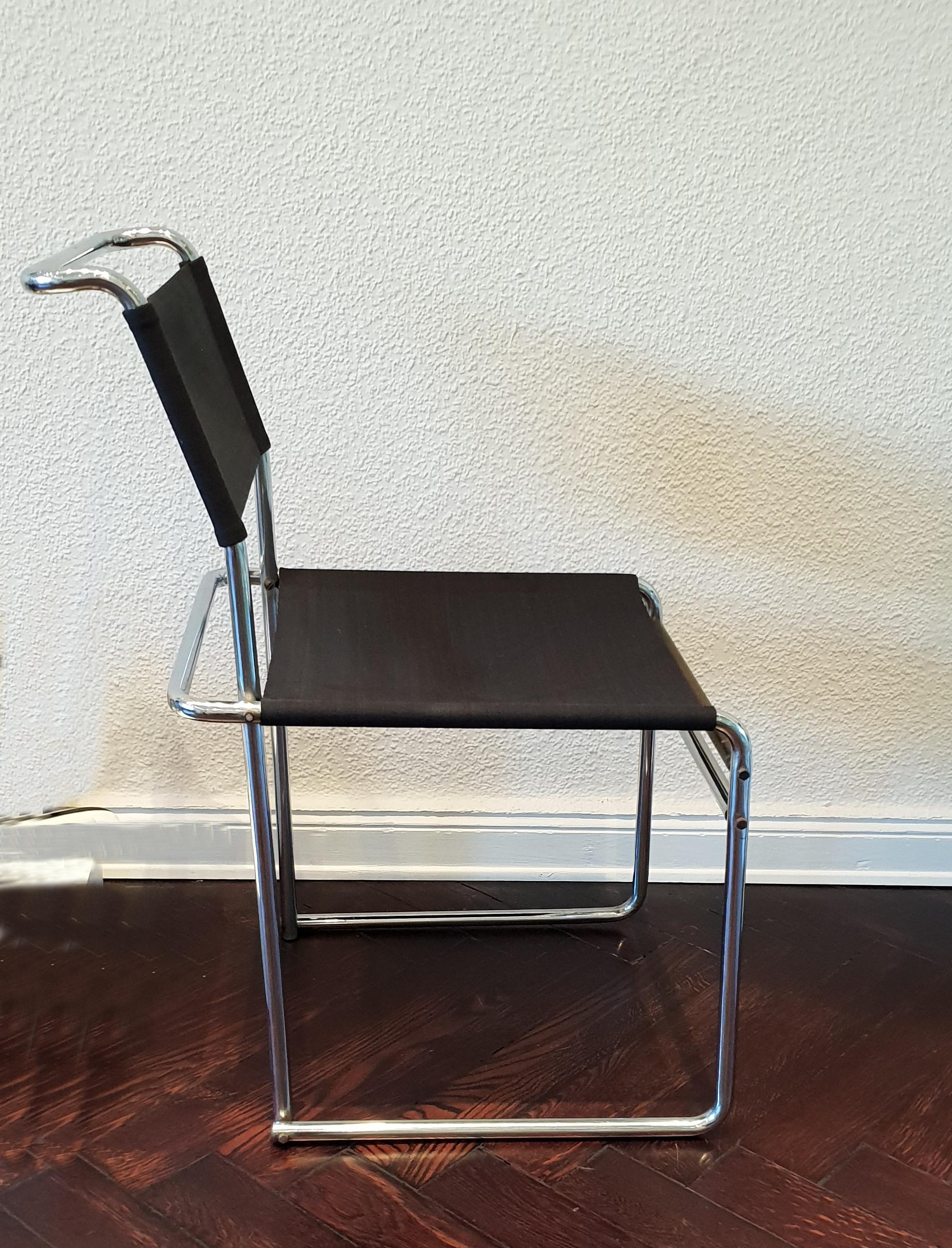 Tubular steel chair, 1927. Model B5. Designer: Marcel Breuer, Manufactured by Standart-Möbel. Steel tube, nickel-plated.
Upholstered with black, reneved Eisengarn ( iron yarn ). Very rare. Good condition.
Measurements: Height: 32.28 in ( 82 cm ),