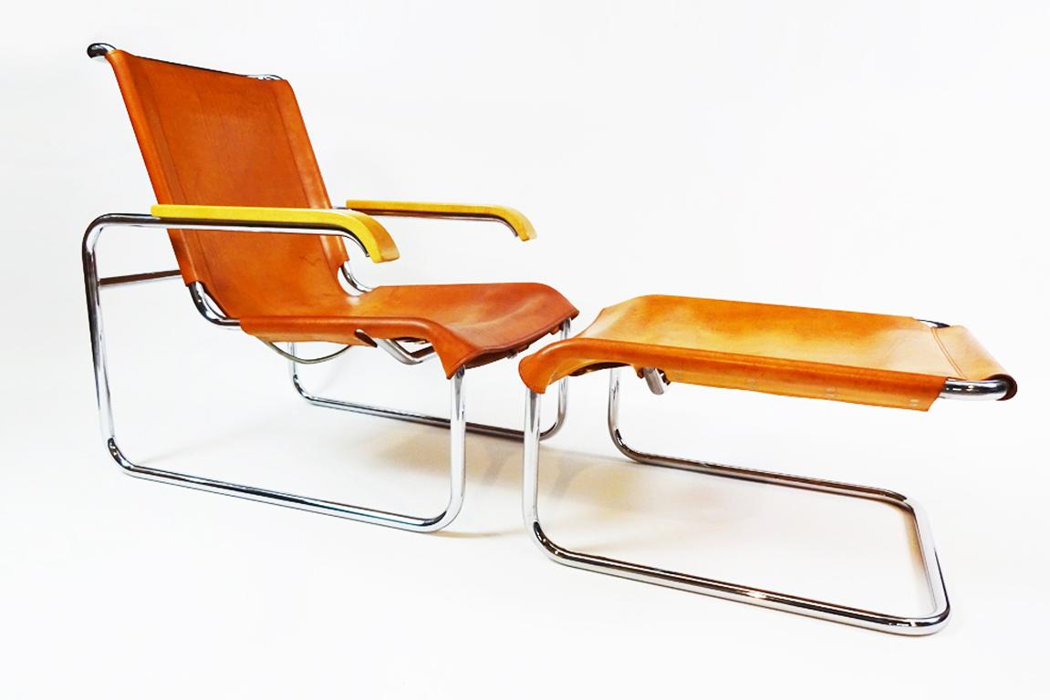 An early 20th century designed lounge chair set by Marcel Breuer featuring a cantilever chrome and tan leather lounge chair with matching footstool.

Marcel Breuer was one of the key architects and designers of the 20th century and one of the most