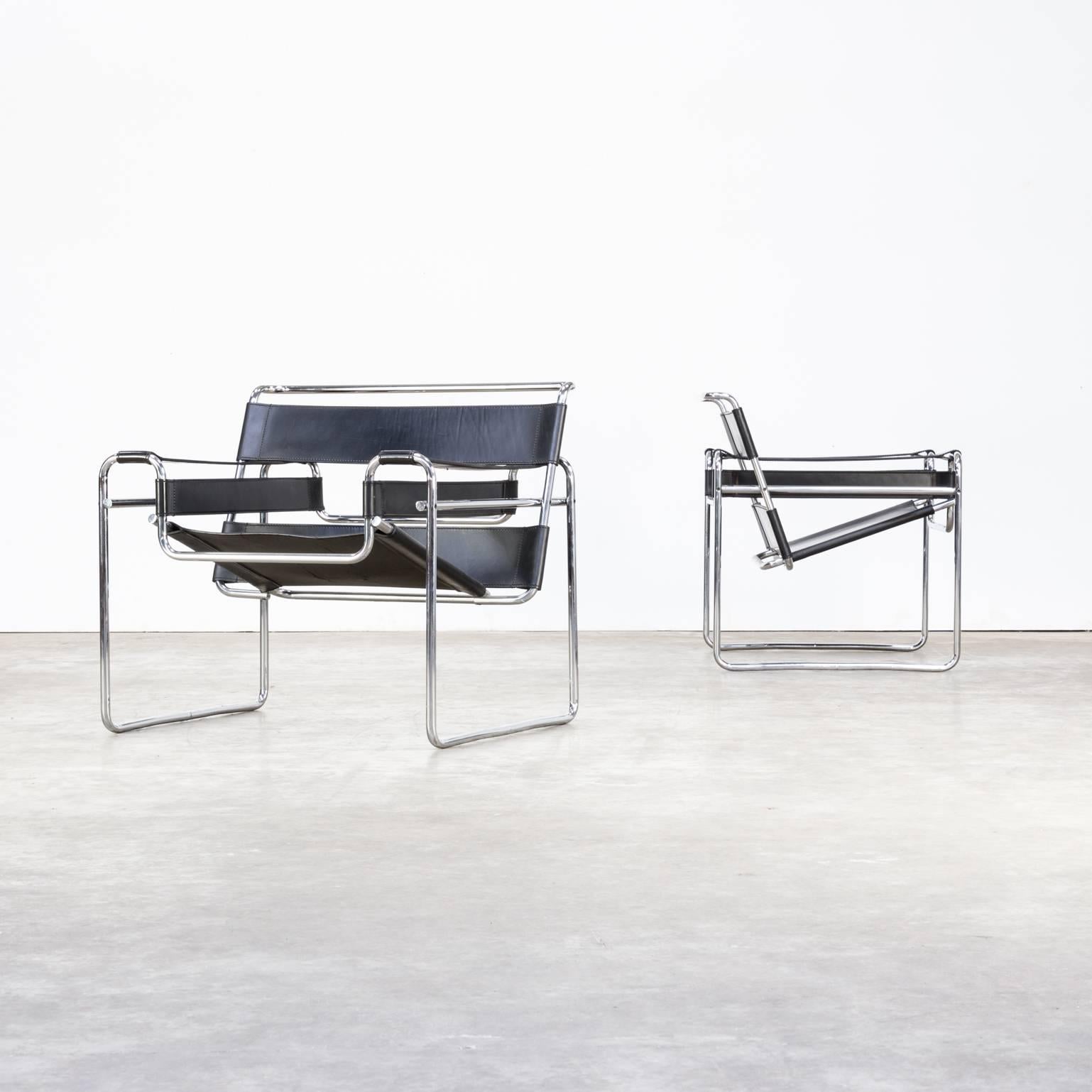 Marcel Breuer ‘wassily’ B3 chairs black leather for Gavina set of two. Good condition, consistent with age and use.