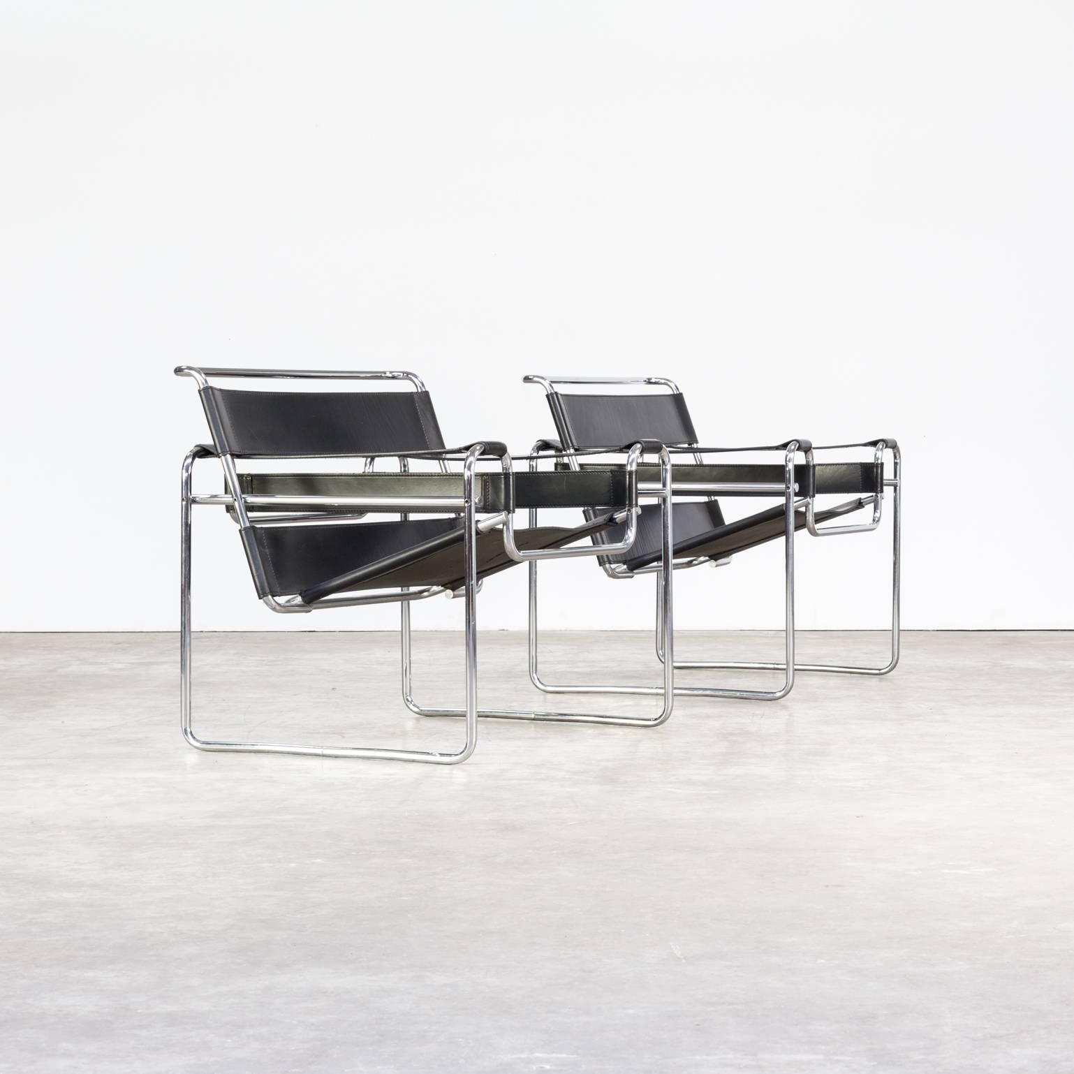 20th Century Marcel Breuer ‘Wassily’ B3 Chairs Black Leather for Gavina Set of Two For Sale