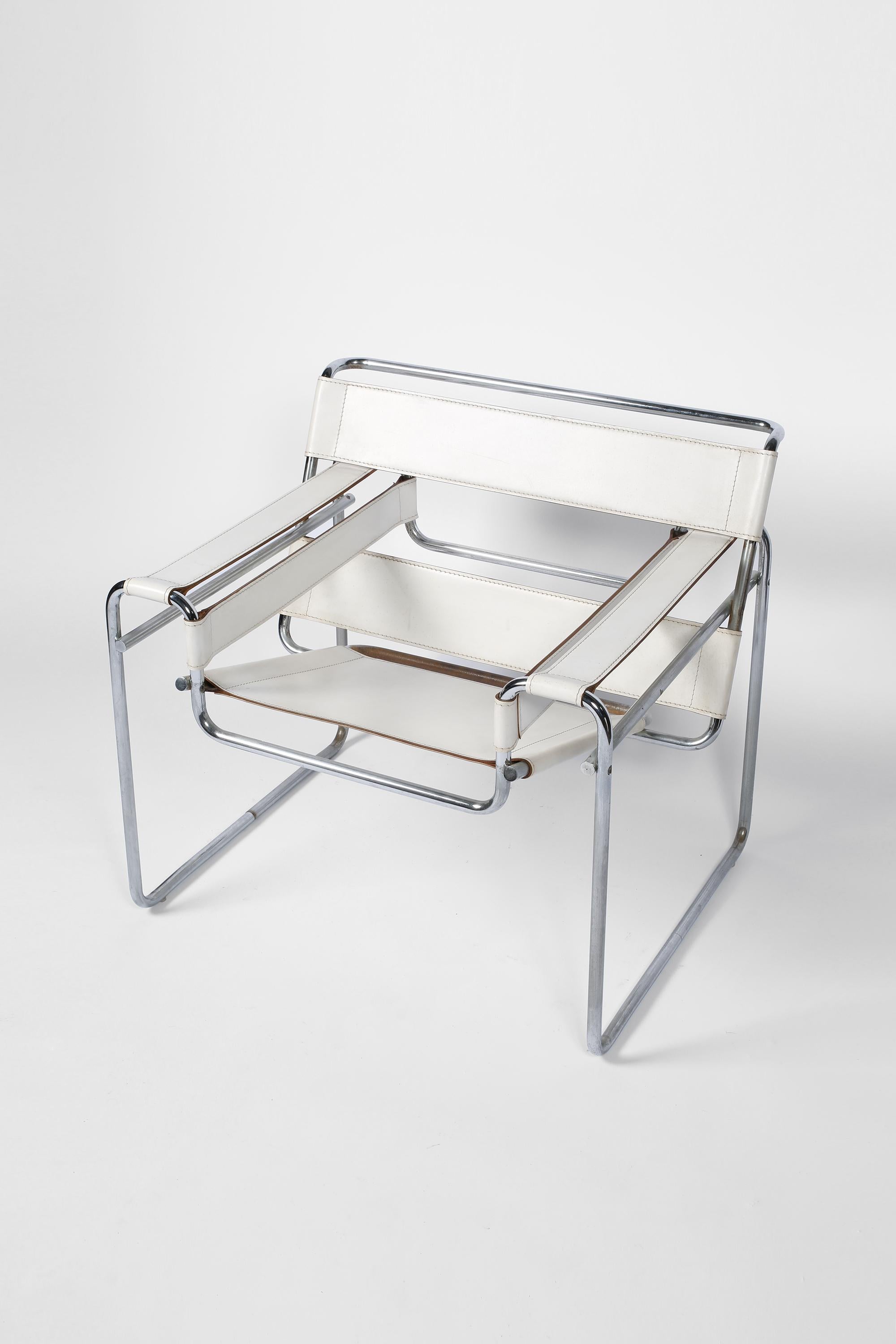 An iconic white leather Model B3 or ‘Wassily’ chair, first designed by Marcel Breuer in c. 1925. This later edition features solid welded ends to the tubular frame and dates to c. 1980 - likely produced by Cassina, Italy.

Note: Age commensurate