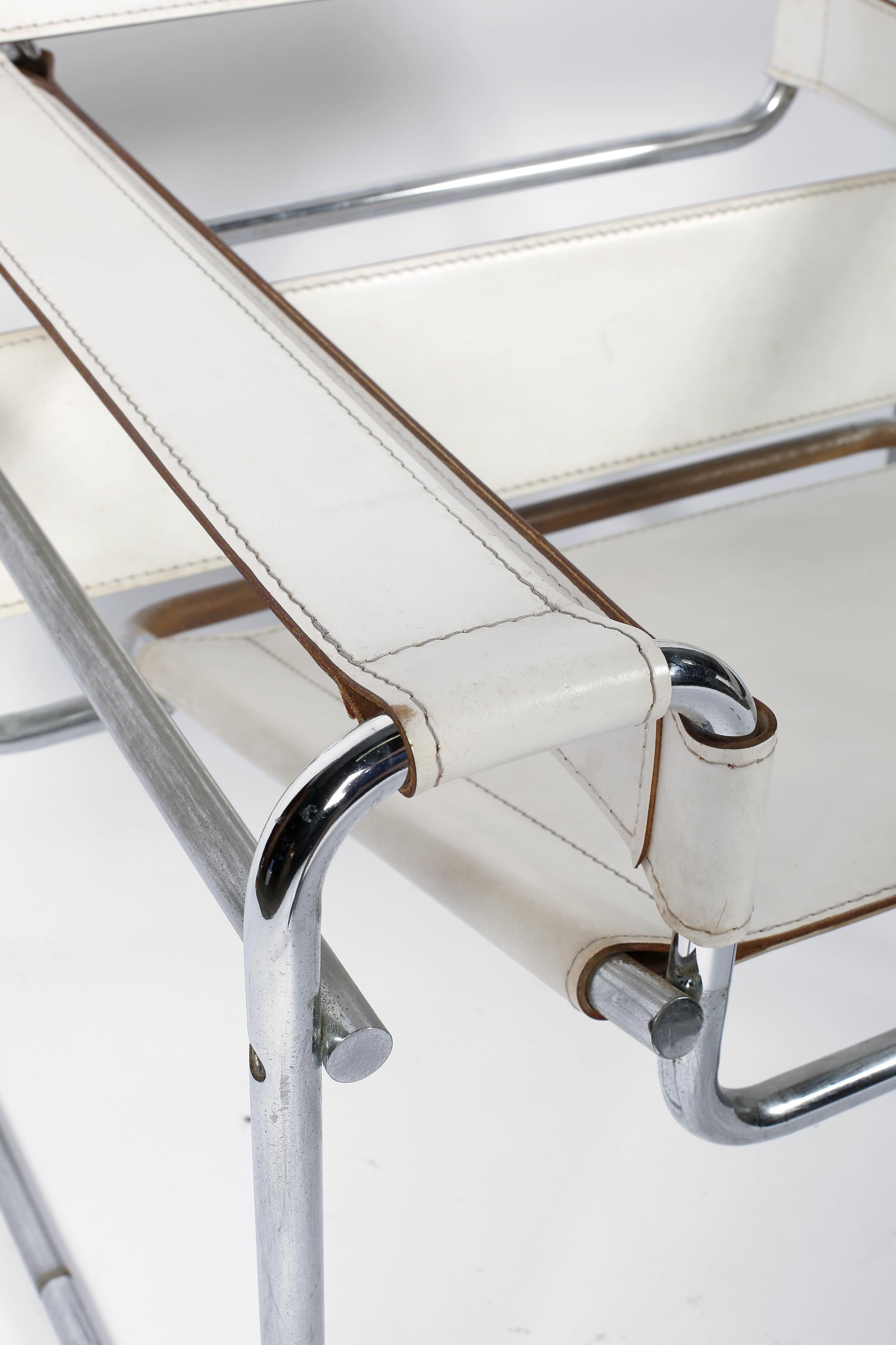 Italian Marcel Breuer 'Wassily' B3 White Leather Tubular Armchair Chair For Sale
