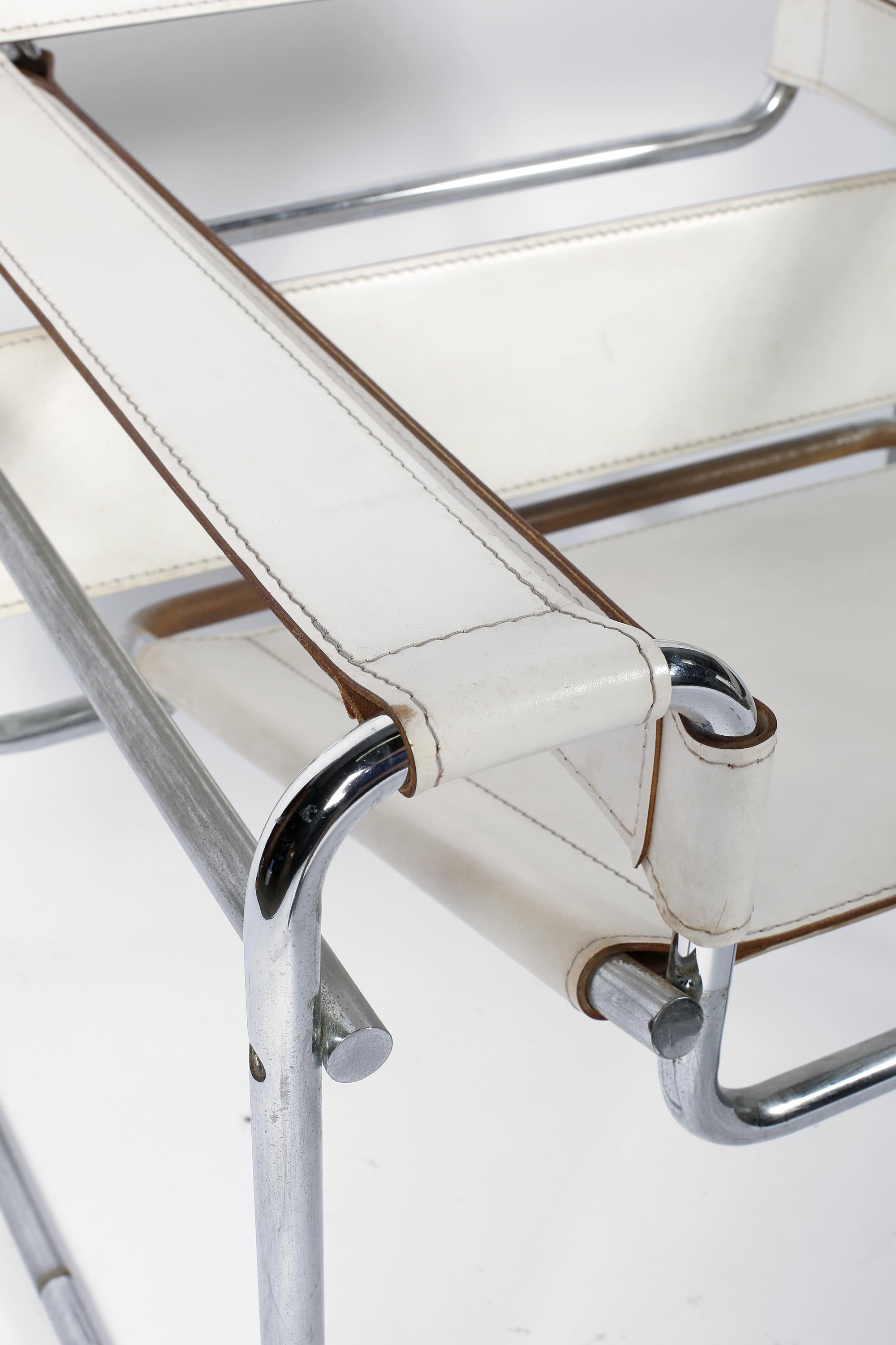 Italian Marcel Breuer 'Wassily' B3 White Leather Tubular Armchair Chair