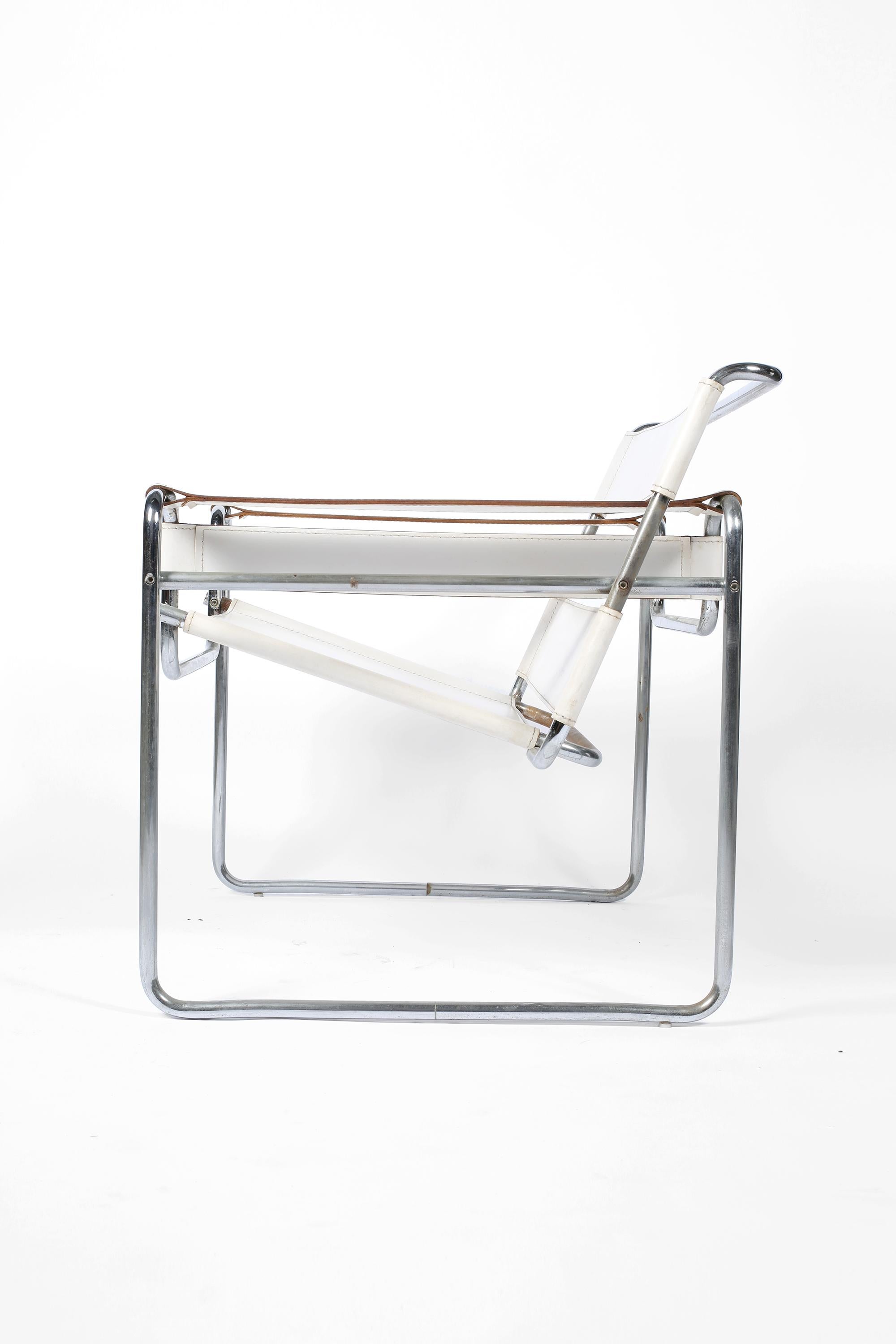Marcel Breuer 'Wassily' B3 White Leather Tubular Armchair Chair For Sale 1