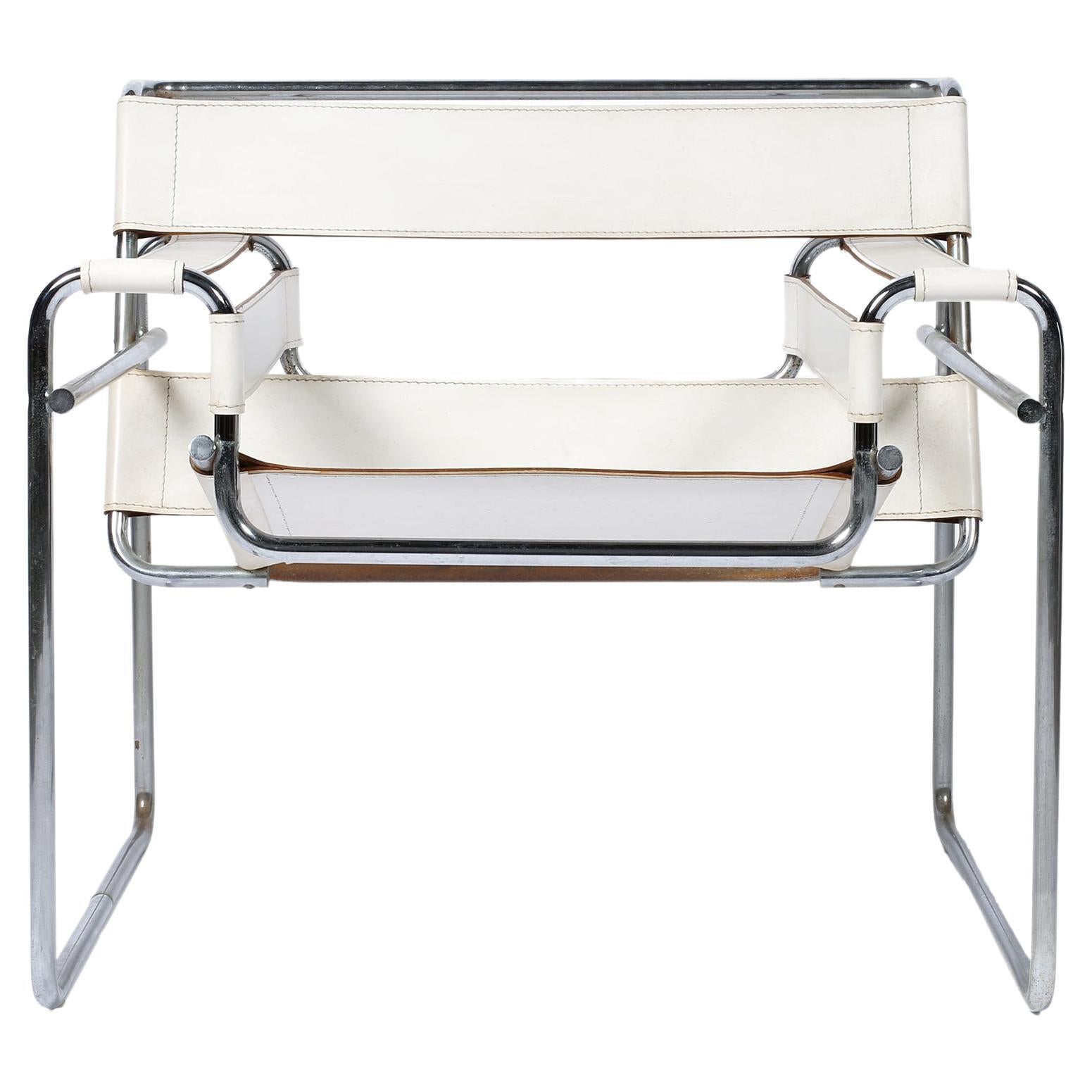 Marcel Breuer 'Wassily' B3 White Leather Tubular Armchair Chair For Sale