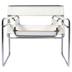 Retro Marcel Breuer 'Wassily' B3 White Leather Tubular Armchair Chair