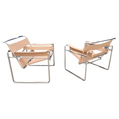 Marcel Breuer Wassily Design Style Leather & Chrome Lounge or Armchairs a Pair