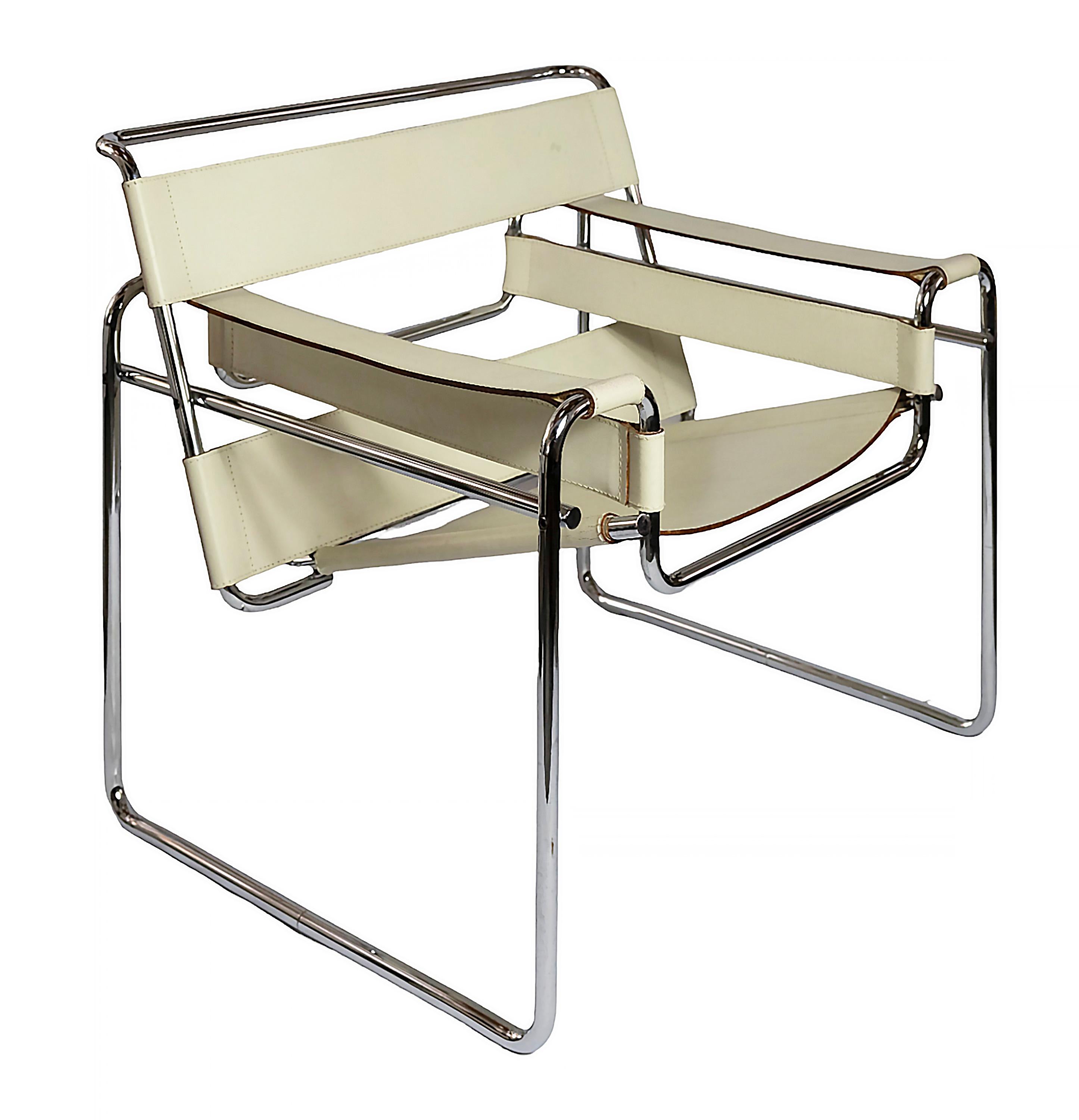 Vintage Wassily lounge chair, designed by Marcel Breuer, circa 1925.
Stamped signature of Marcel Breuer on the leather.
In white leather, chromed steel tube frame.


 

 
