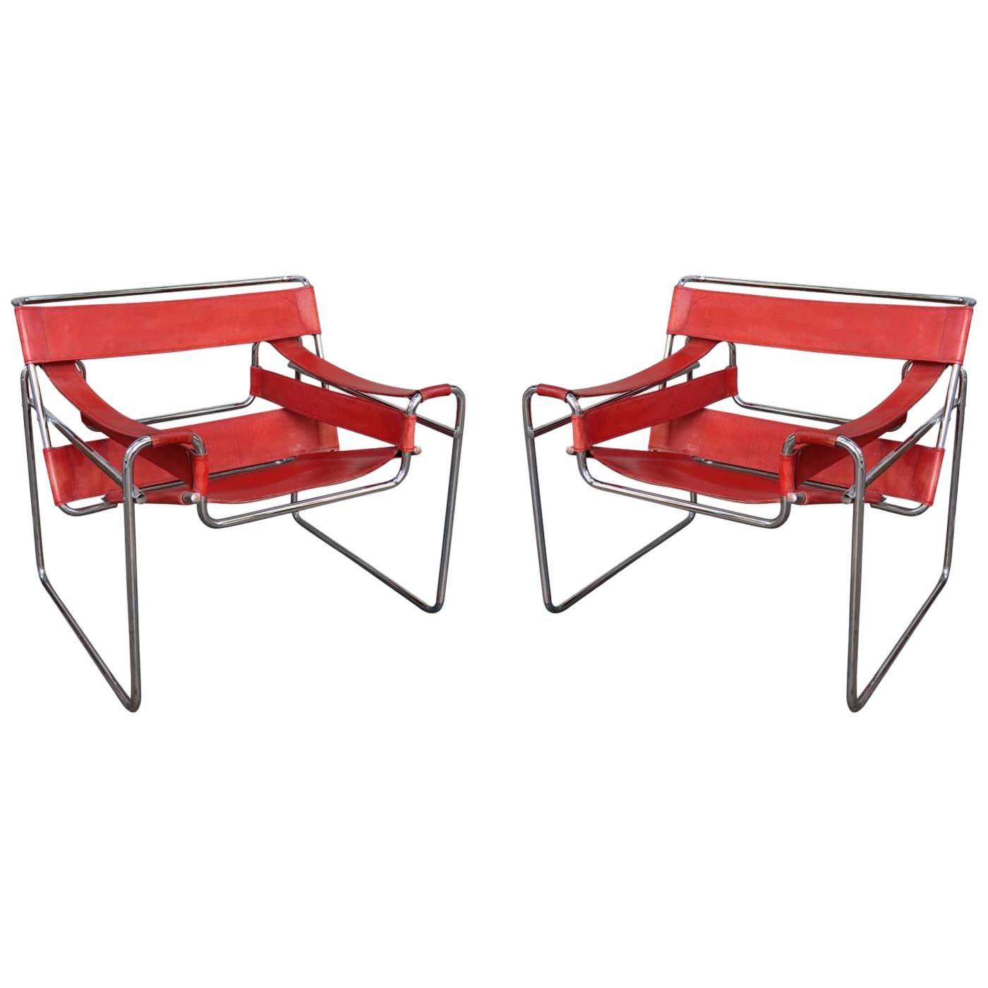 Marcel Breuer, Wassily Red Leather and Chromed Pair of Armchairs, Italy, 1970