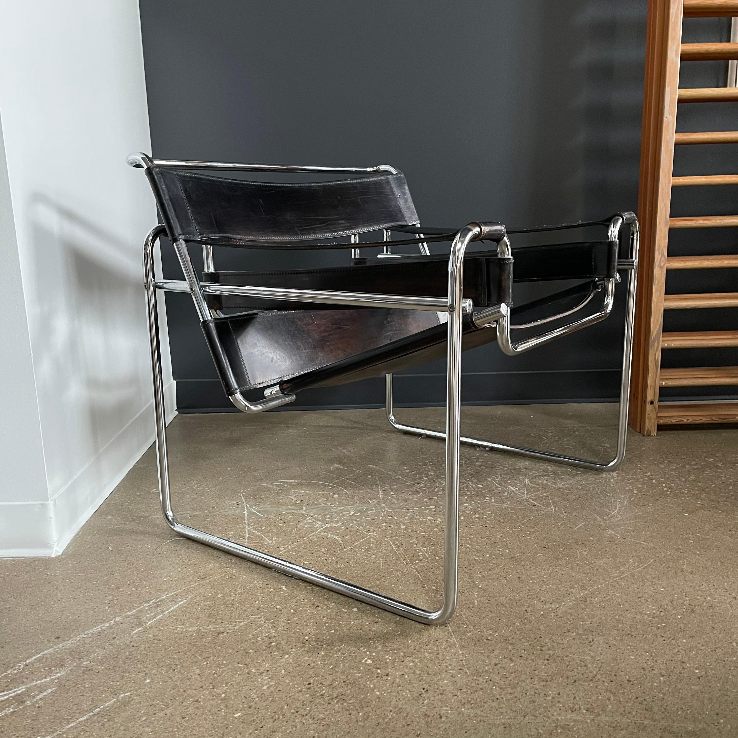 Bauhaus Marcel Breuer Wassily Style Leather & Chrome Chairs- Pair For Sale