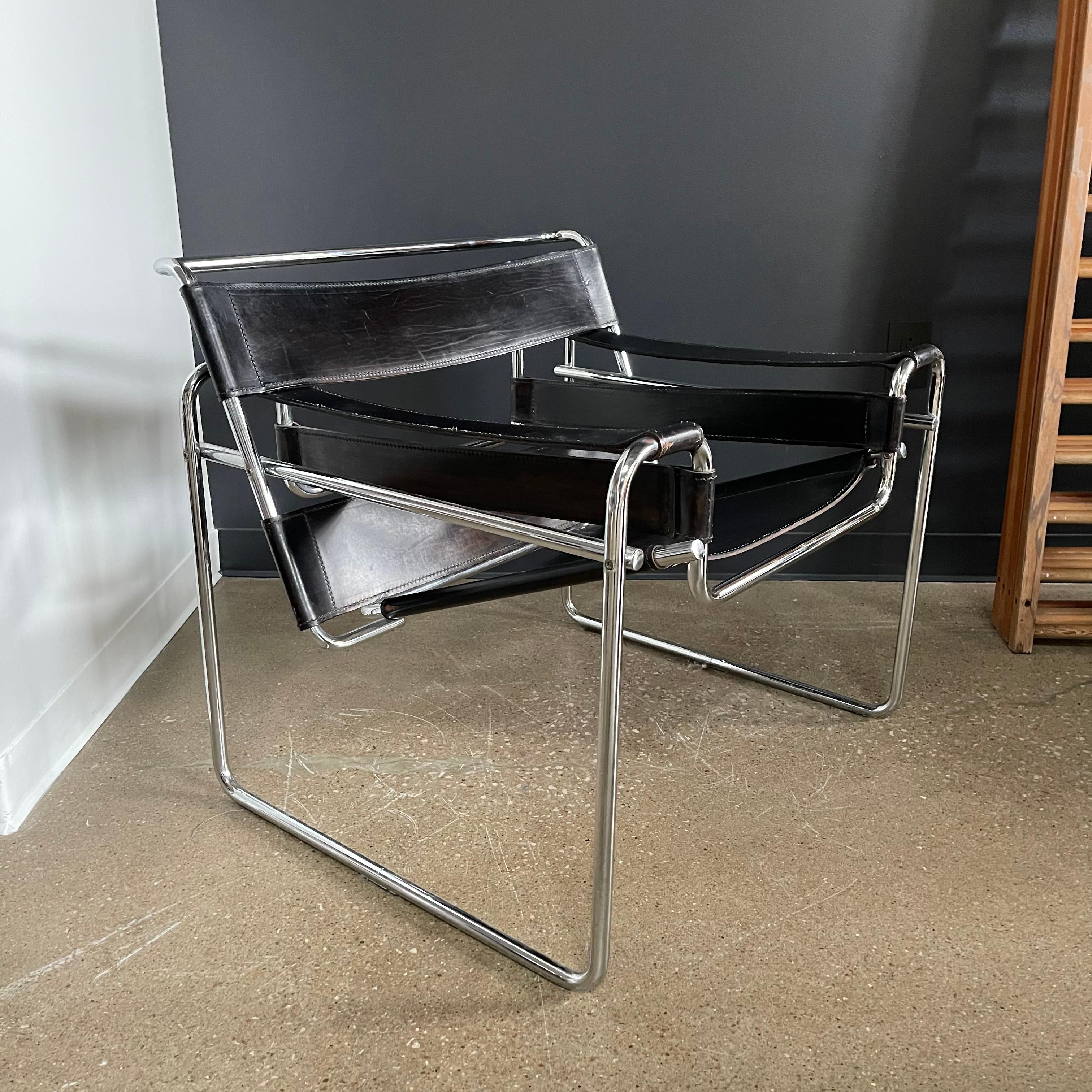 Marcel Breuer Wassily Style Leather & Chrome Chairs- Pair In Good Condition For Sale In Bastrop, TX