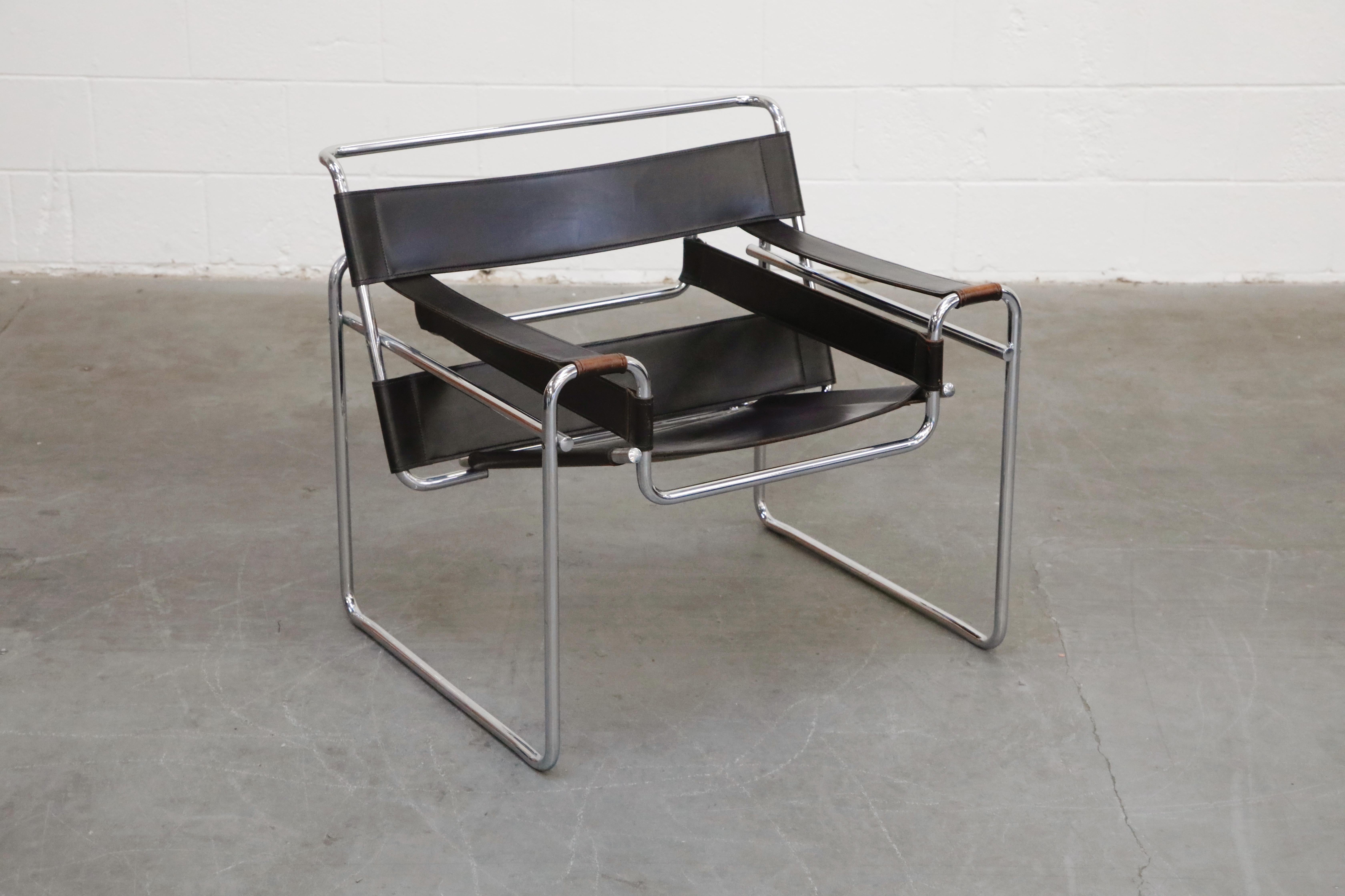 Bauhaus Marcel Breuer Wassily Styled Chrome and Black Leather Sling Chair, c. 1980