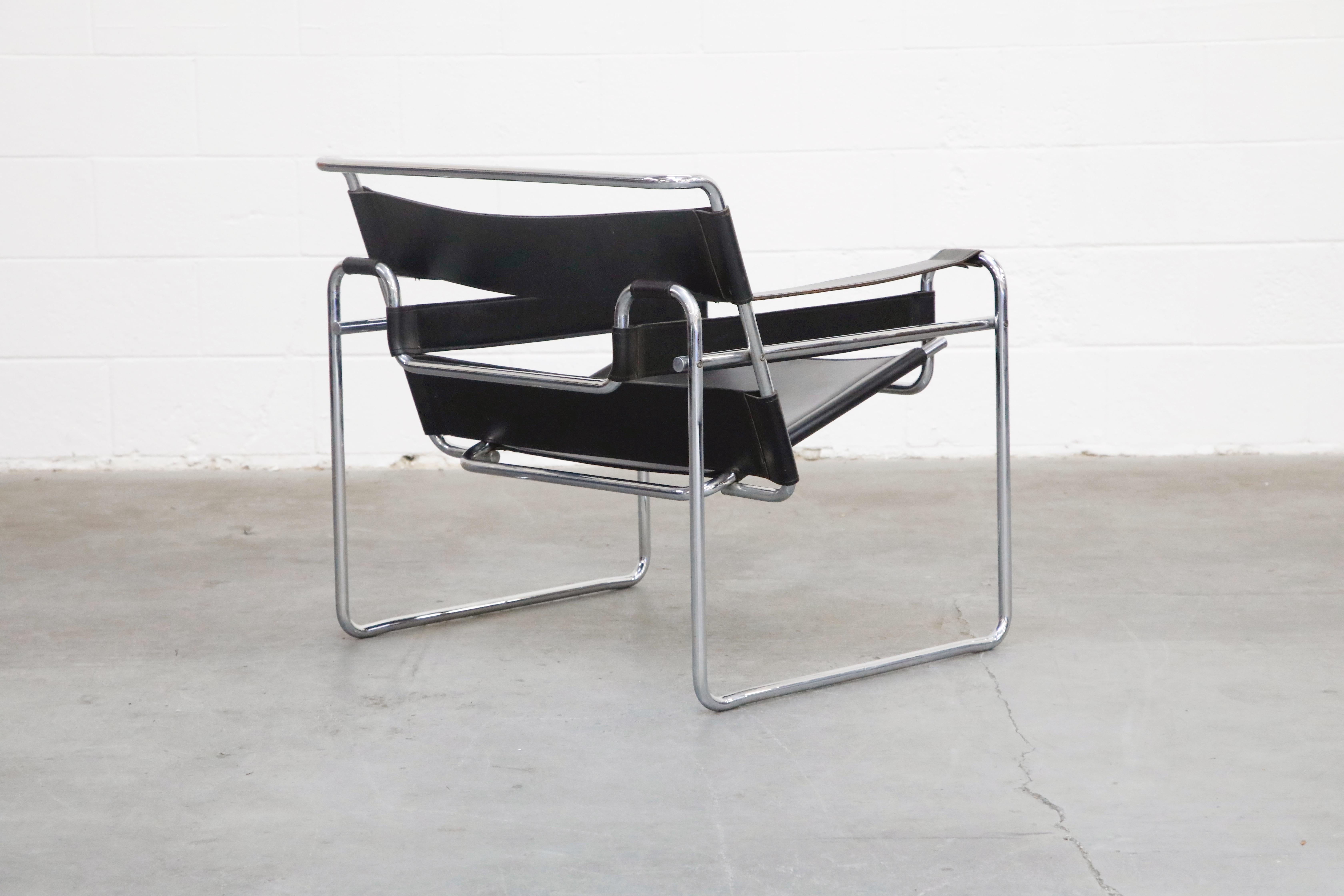 Steel Marcel Breuer Wassily Styled Chrome and Black Leather Sling Chair, c. 1980