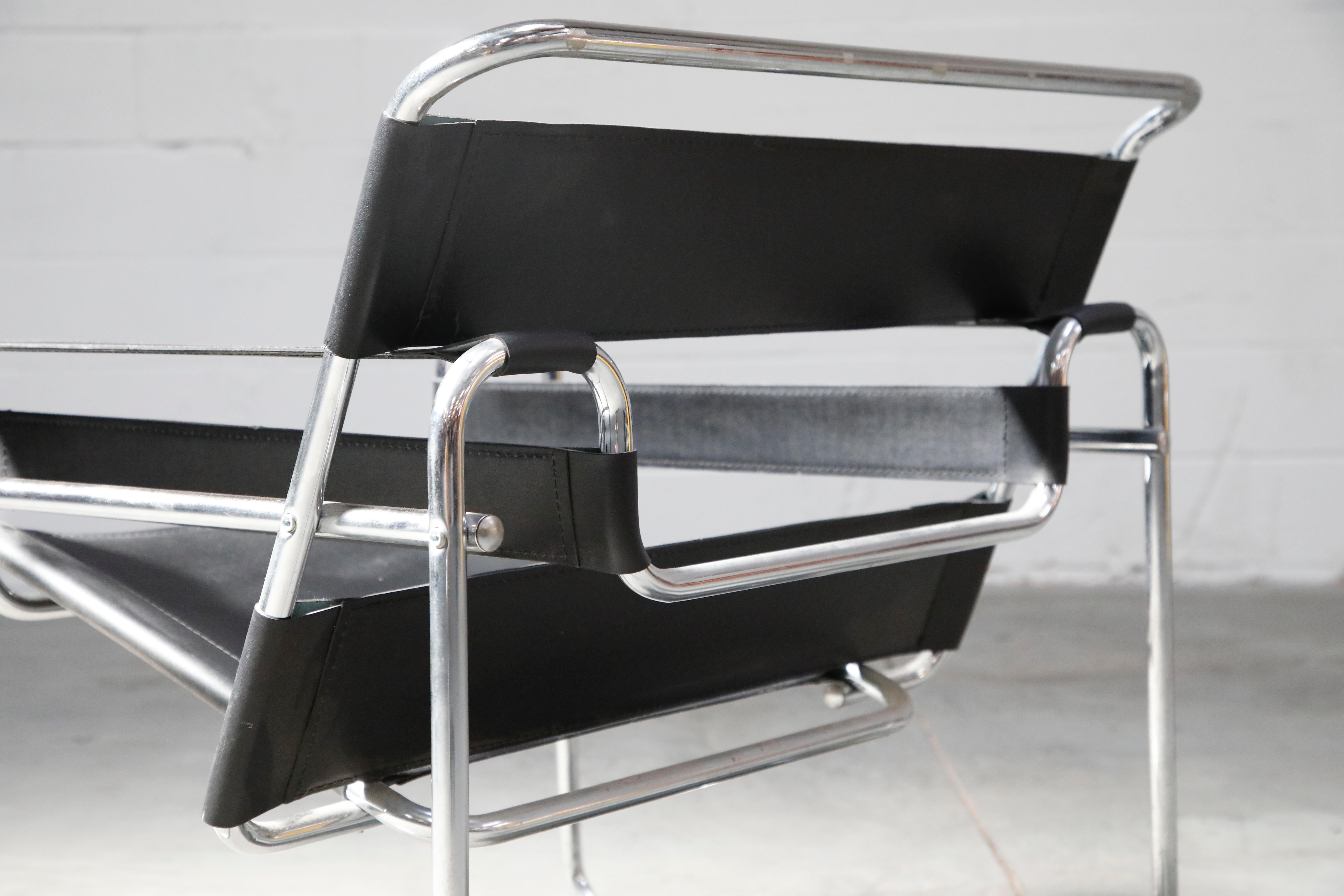 Marcel Breuer Wassily Styled Chrome and Black Leather Sling Chairs, Pair 9