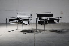 Marcel Breuer Wassily Styled Chrome and Black Leather Sling Chairs, Pair