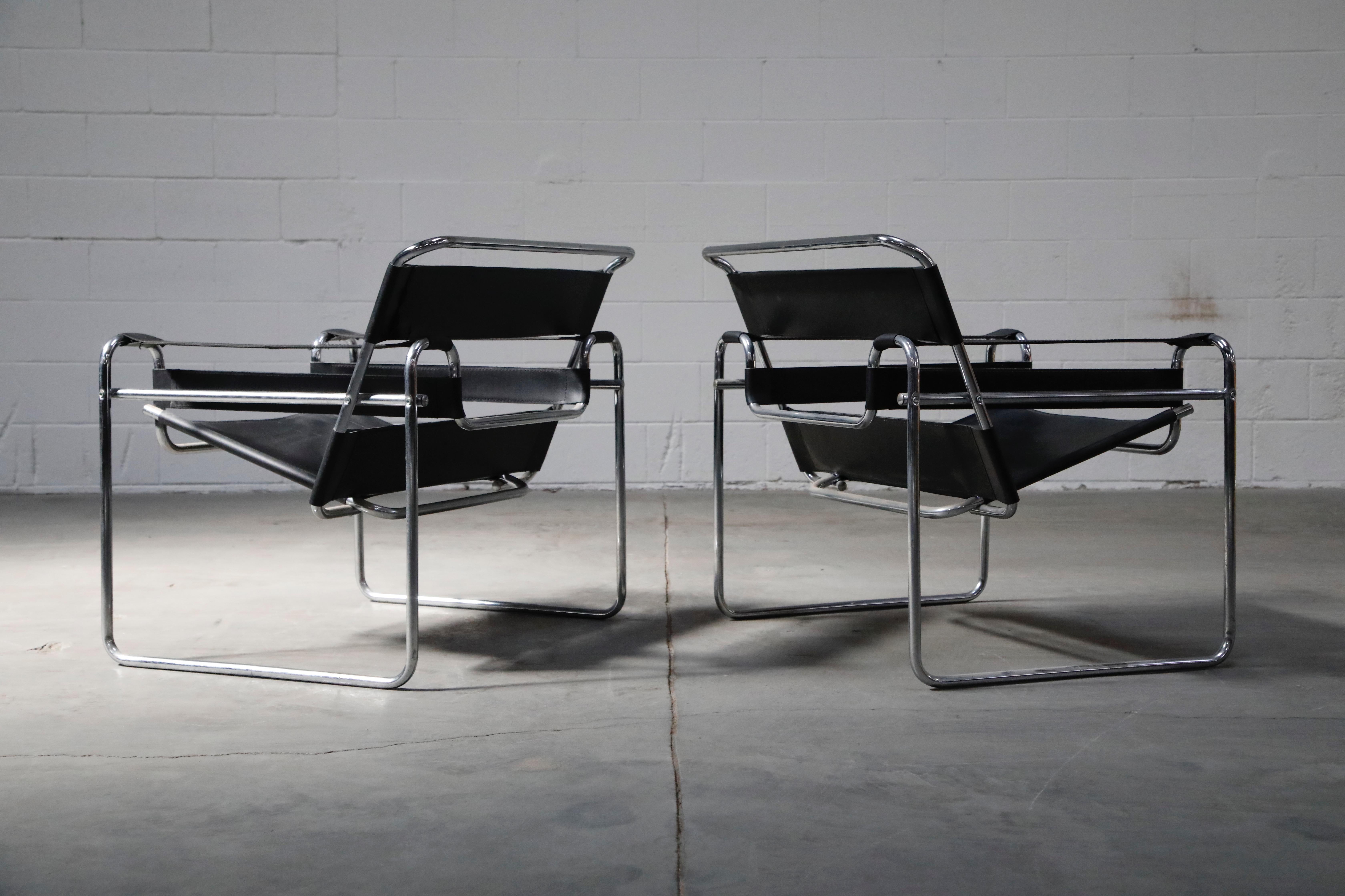 Bauhaus Marcel Breuer Wassily Styled Chrome and Black Leather Sling Chairs, Pair