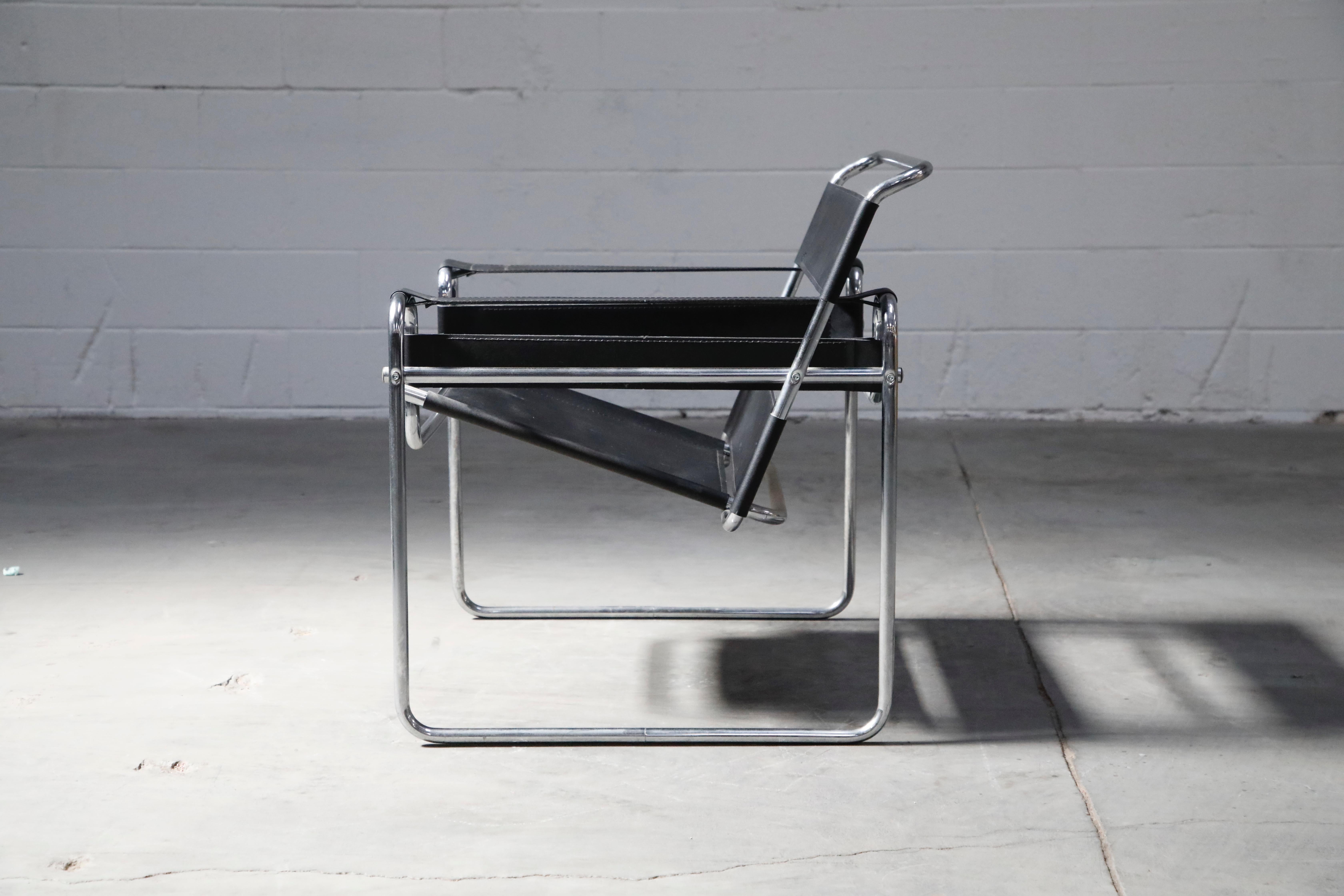 20th Century Marcel Breuer Wassily Styled Chrome and Black Leather Sling Chairs, Pair