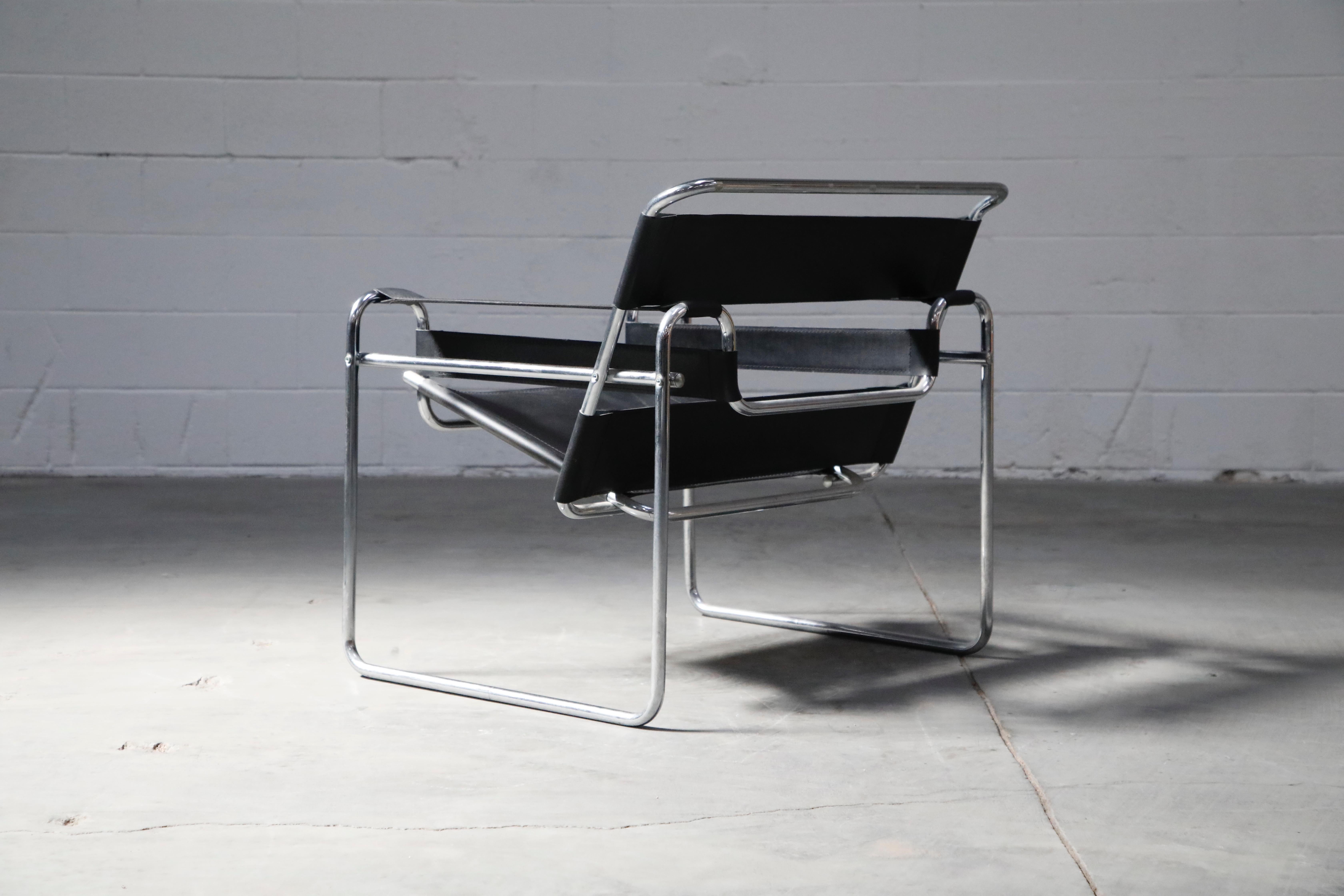 Steel Marcel Breuer Wassily Styled Chrome and Black Leather Sling Chairs, Pair