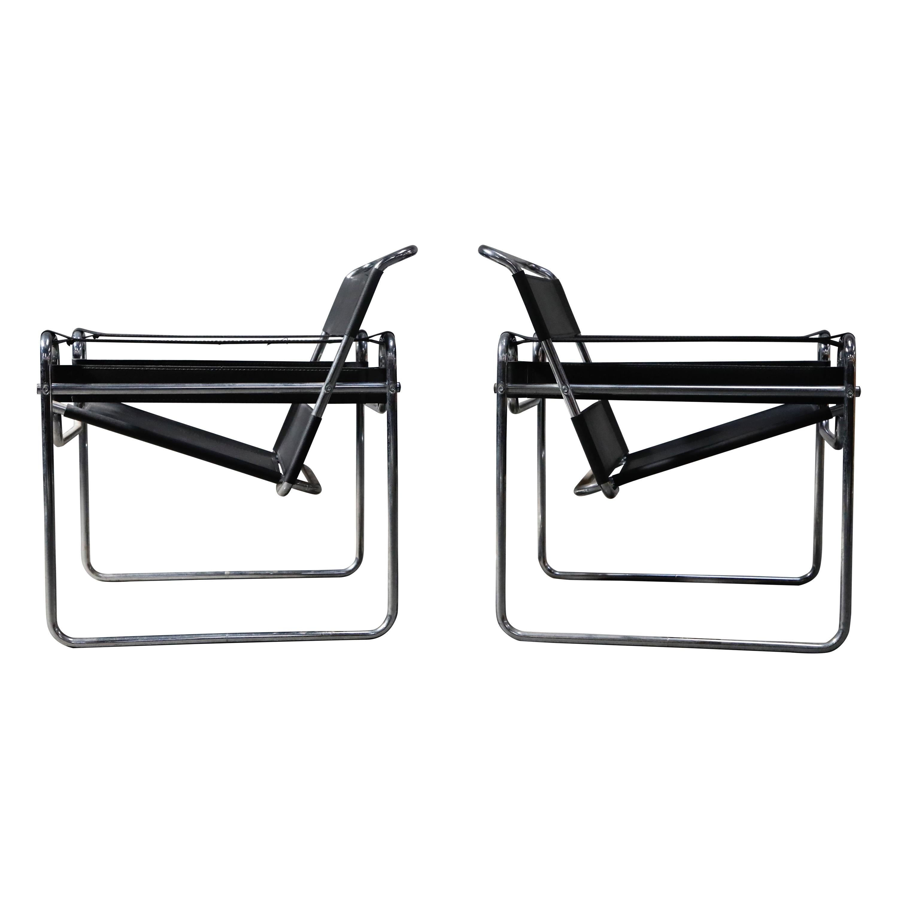 Marcel Breuer Wassily Styled Chrome and Black Leather Sling Chairs, Pair