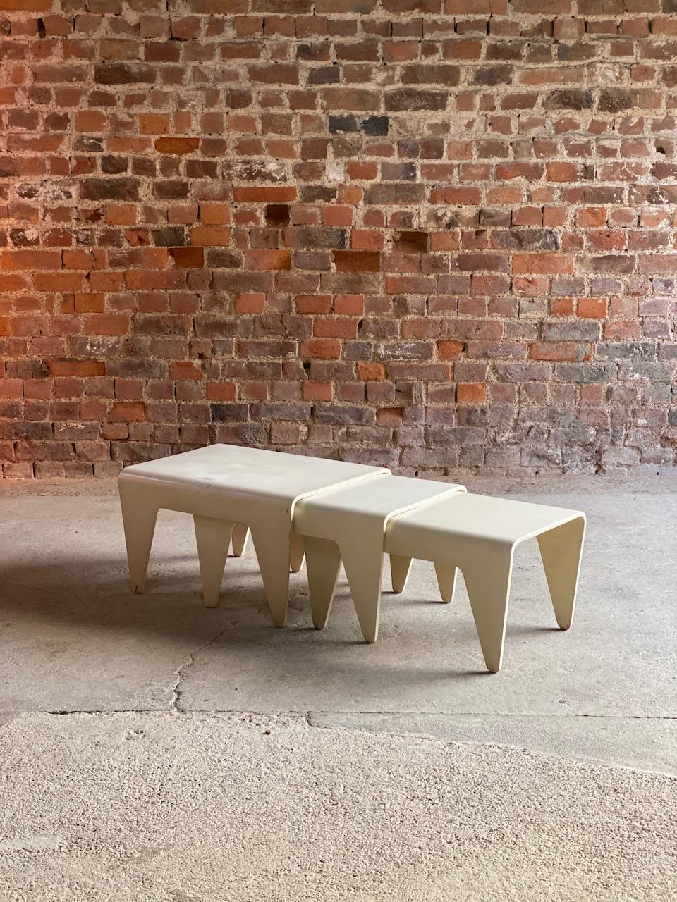 Marcel Breuer white nesting tables by Isokon, 1936, set of 2

Marcel Breuer for Isokon White set of nesting tables made from beech plywood designed in 1936, complete set of three tables, offered in original condition.

Background: ? Marcel Lajos