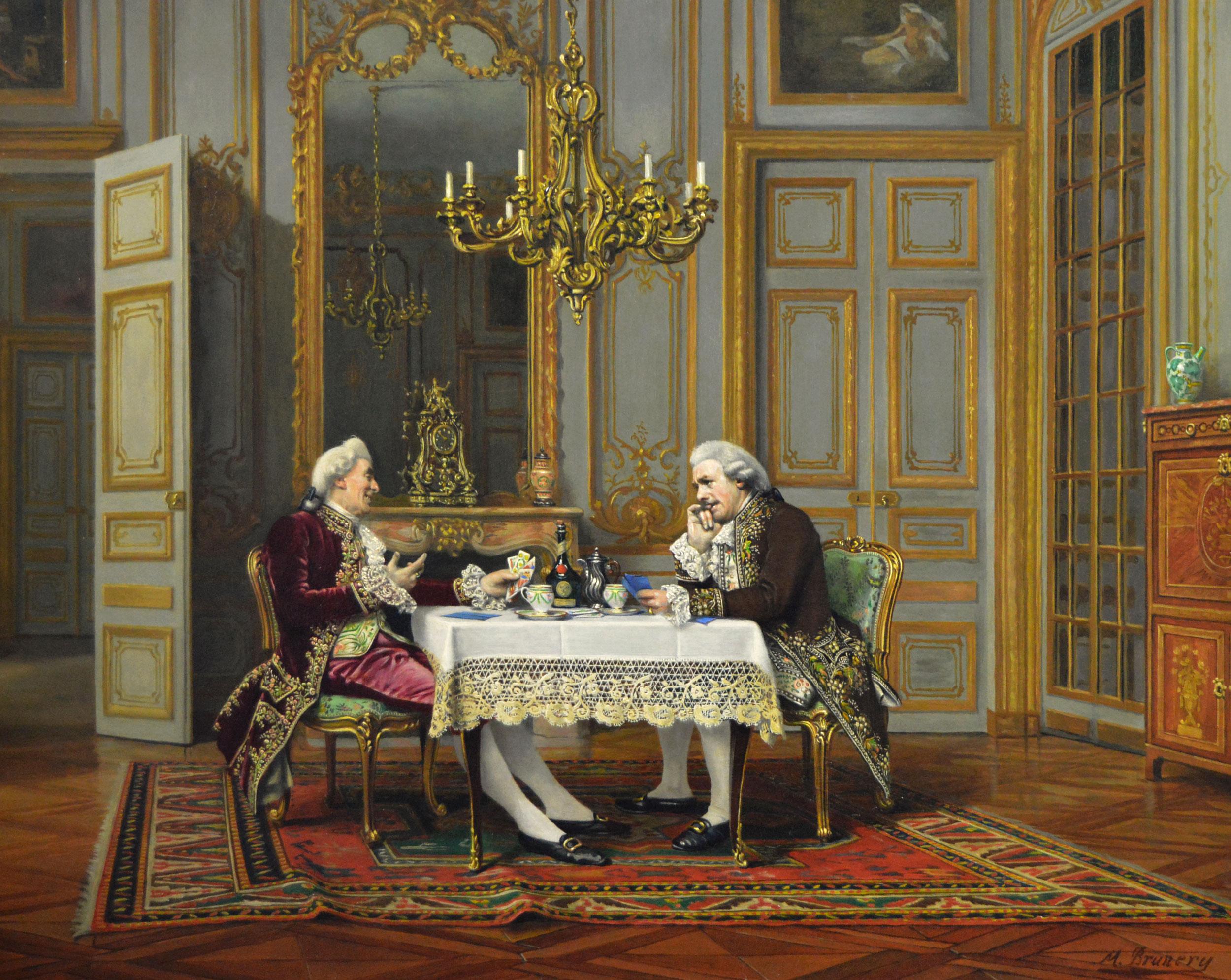 Historical genre oil painting of two gentlemen playing a game of cards - Painting by Marcel Brunery