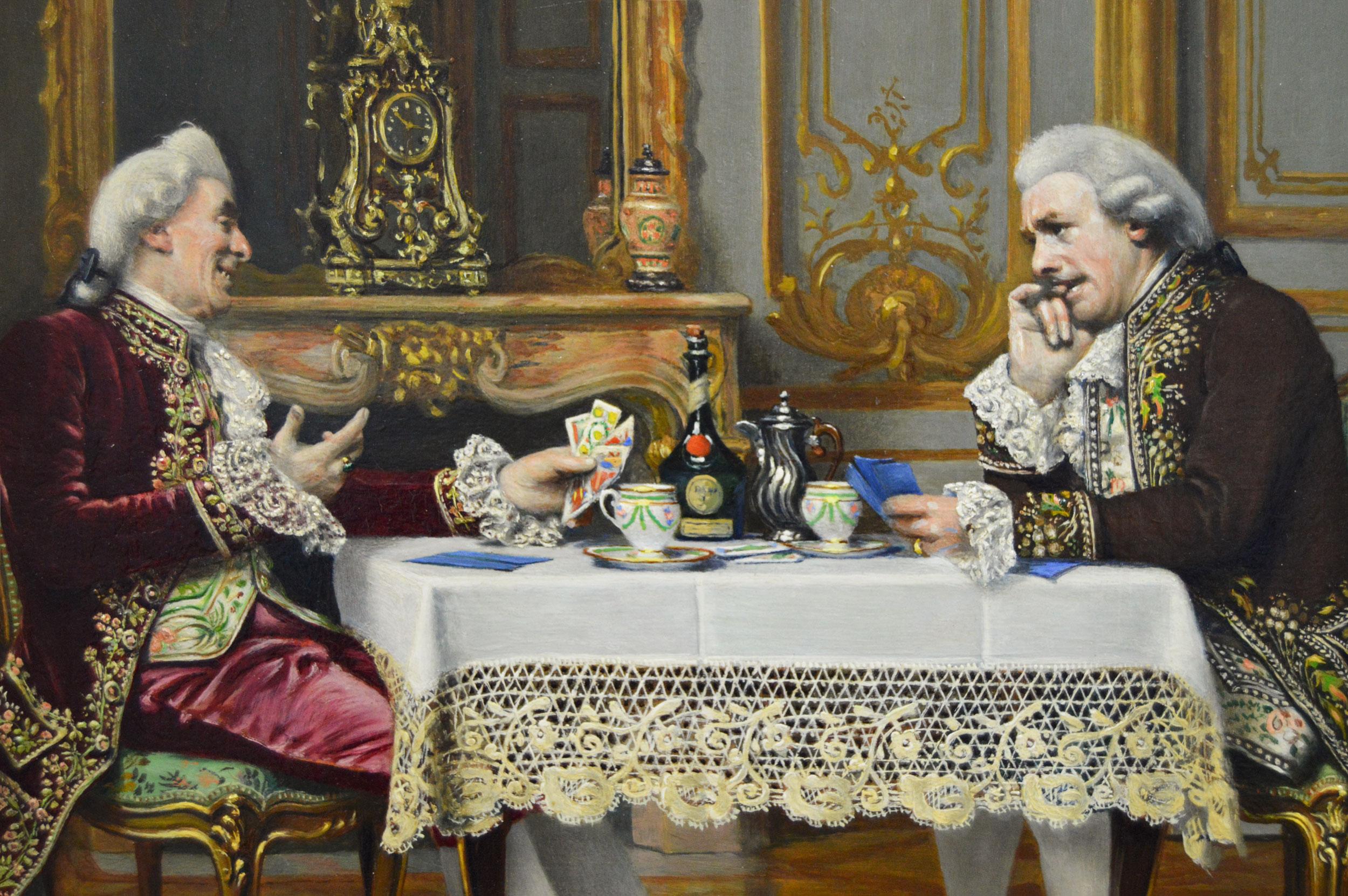 Historisches Genre-Ölgemälde zweier Herren beim Kartenspiel, Genregemälde (Braun), Figurative Painting, von Marcel Brunery