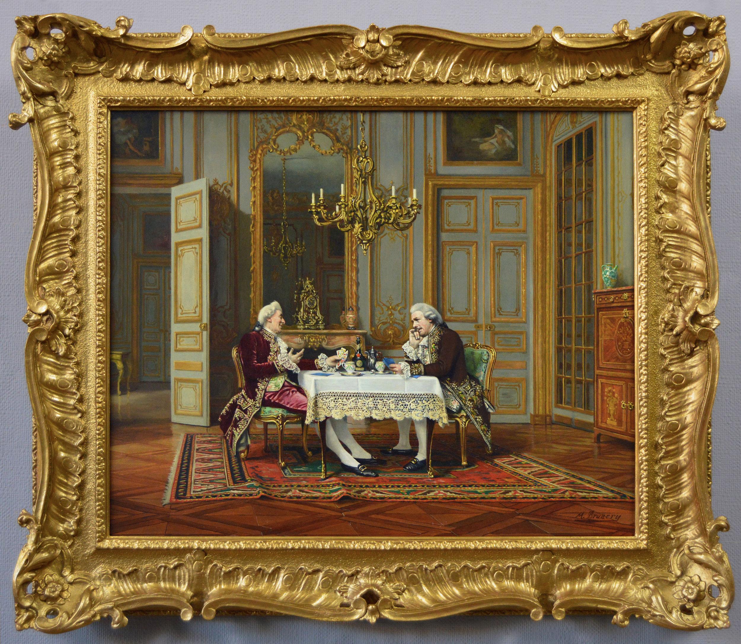 Marcel Brunery Figurative Painting – Historisches Genre-Ölgemälde zweier Herren beim Kartenspiel, Genregemälde
