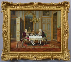 Historical genre oil painting of two gentlemen playing a game of cards