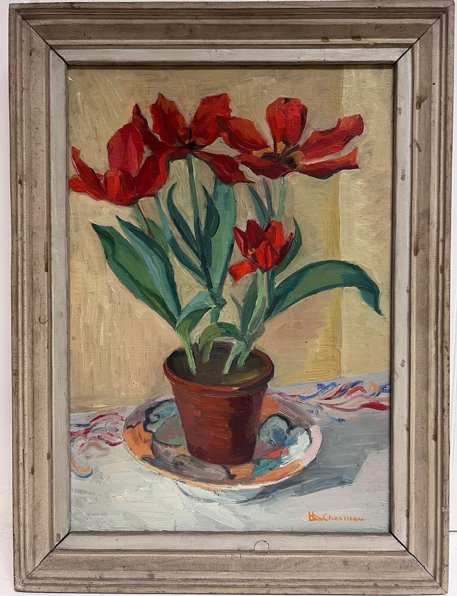 Französisches signiertes Ölgemälde mit roten Tulpen in Innenraum Original frm, Mitte des 20. Jahrhunderts (Post-Impressionismus), Painting, von Marcel Chesneau