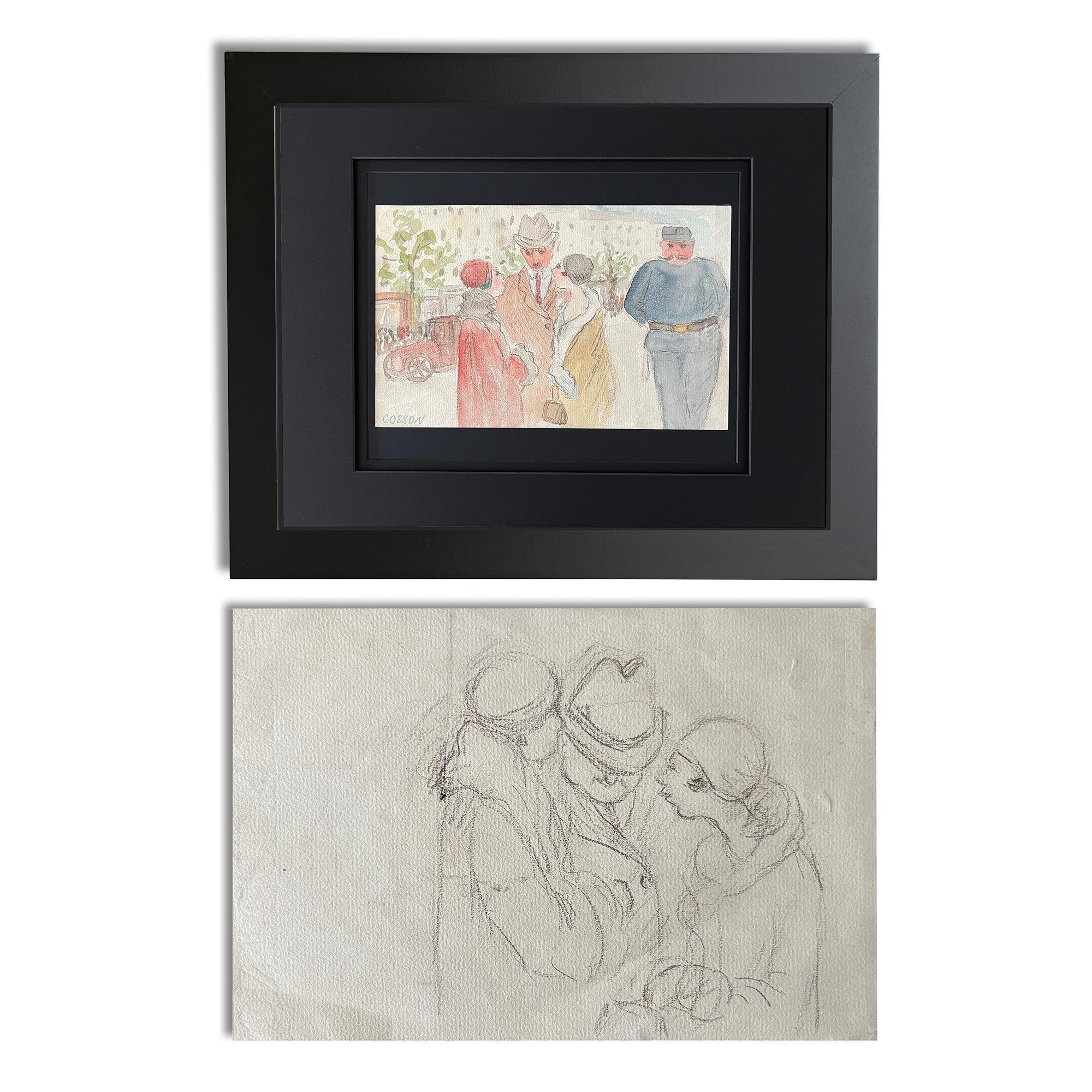 French Marcel COSSON – Double side drawing Watercolor For Sale