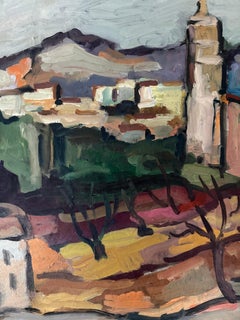Large Mid-Century French Expressionist Painting of a Hilltop Village in Provence