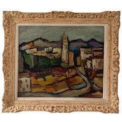 Large Mid-Century French Expressionist Painting of a Hilltop Village in Provence