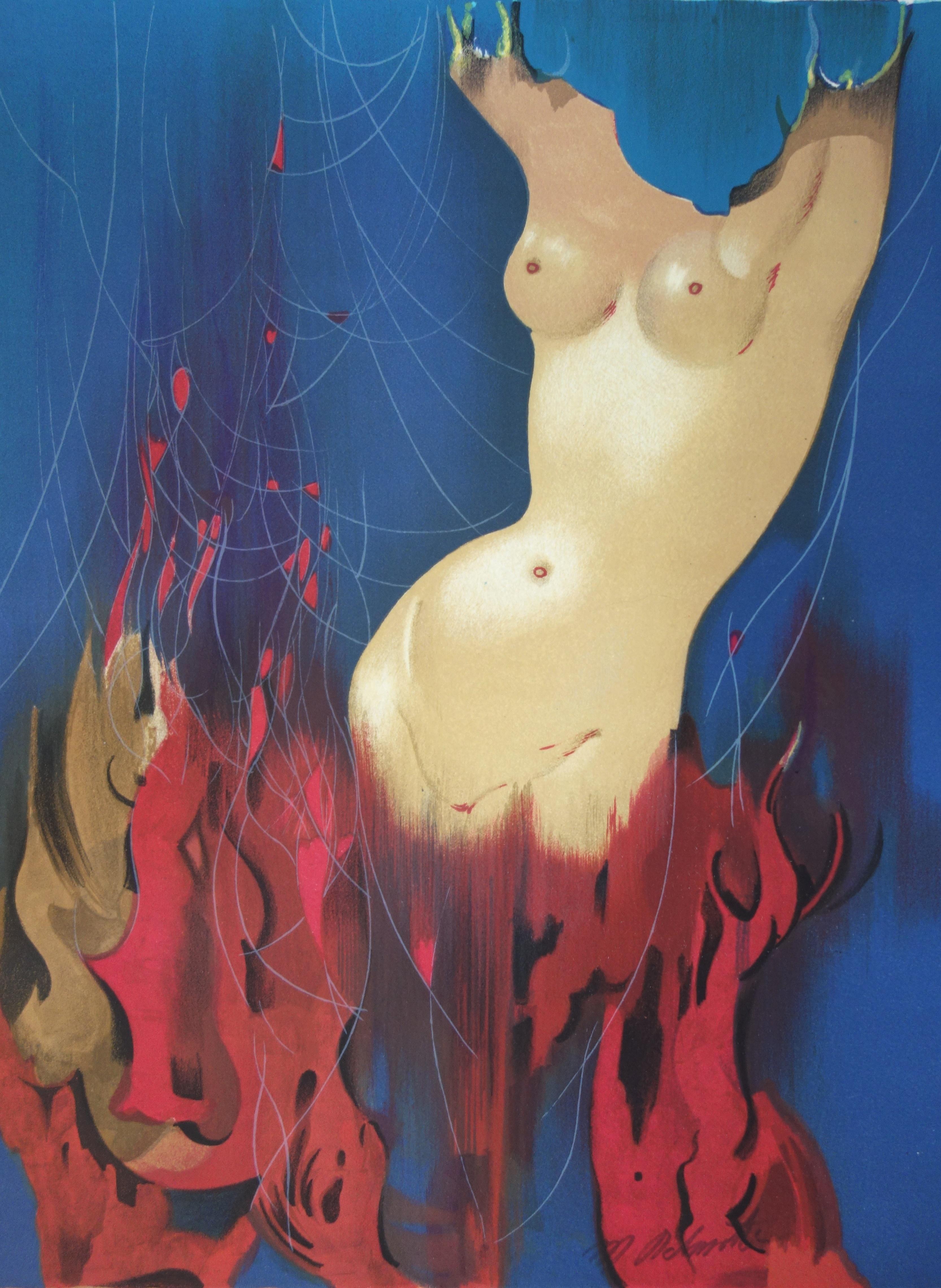 Marcel DELMOTTE Figurative Print - Woman in Fire - Original handsigned lithograph