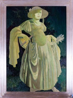 20th Century art deco figurative painting of a lady in moonlight
